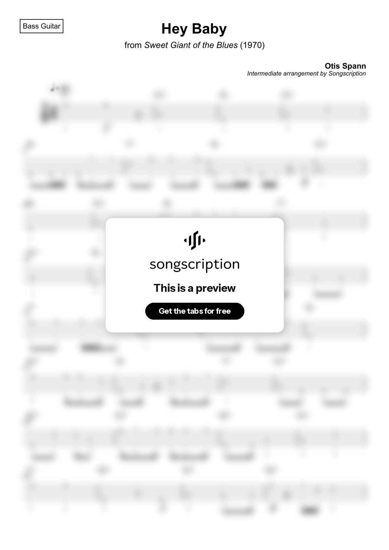 Intermediate Bass Guitar Tabs for "Hey Baby" by Otis Spann