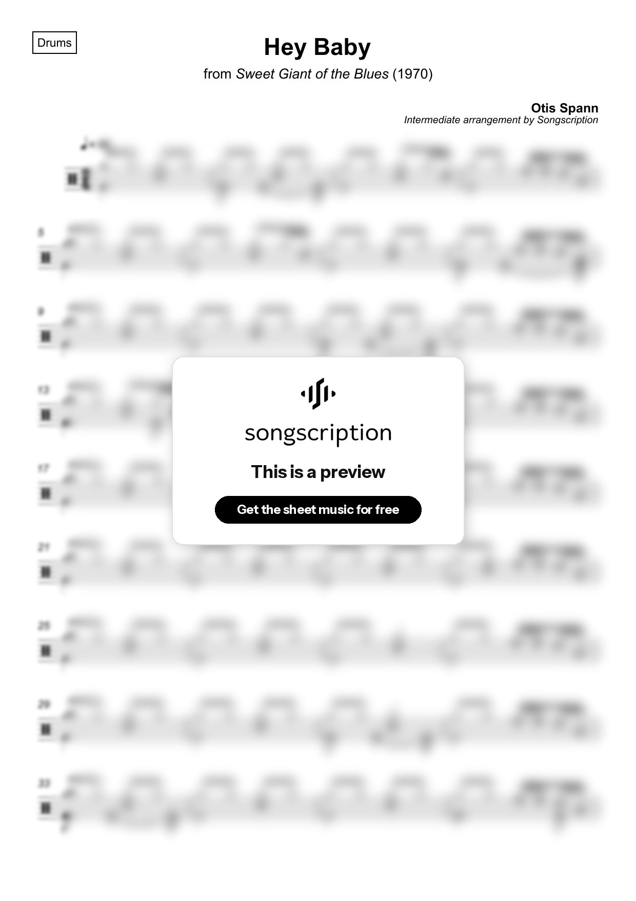 Intermediate Drums Sheet Music for "Hey Baby" by Otis Spann