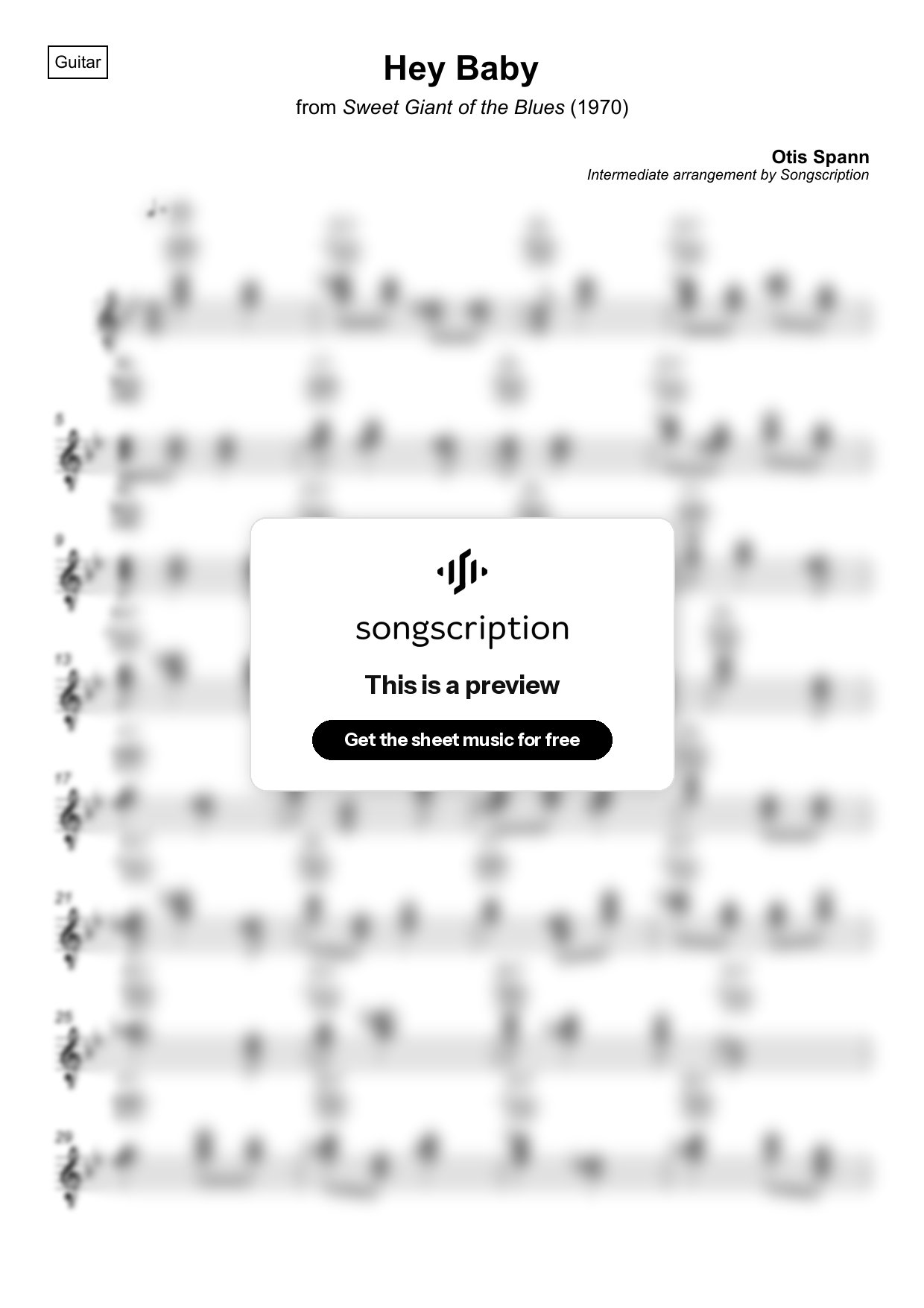 Intermediate Acoustic Guitar Sheet Music for "Hey Baby" by Otis Spann