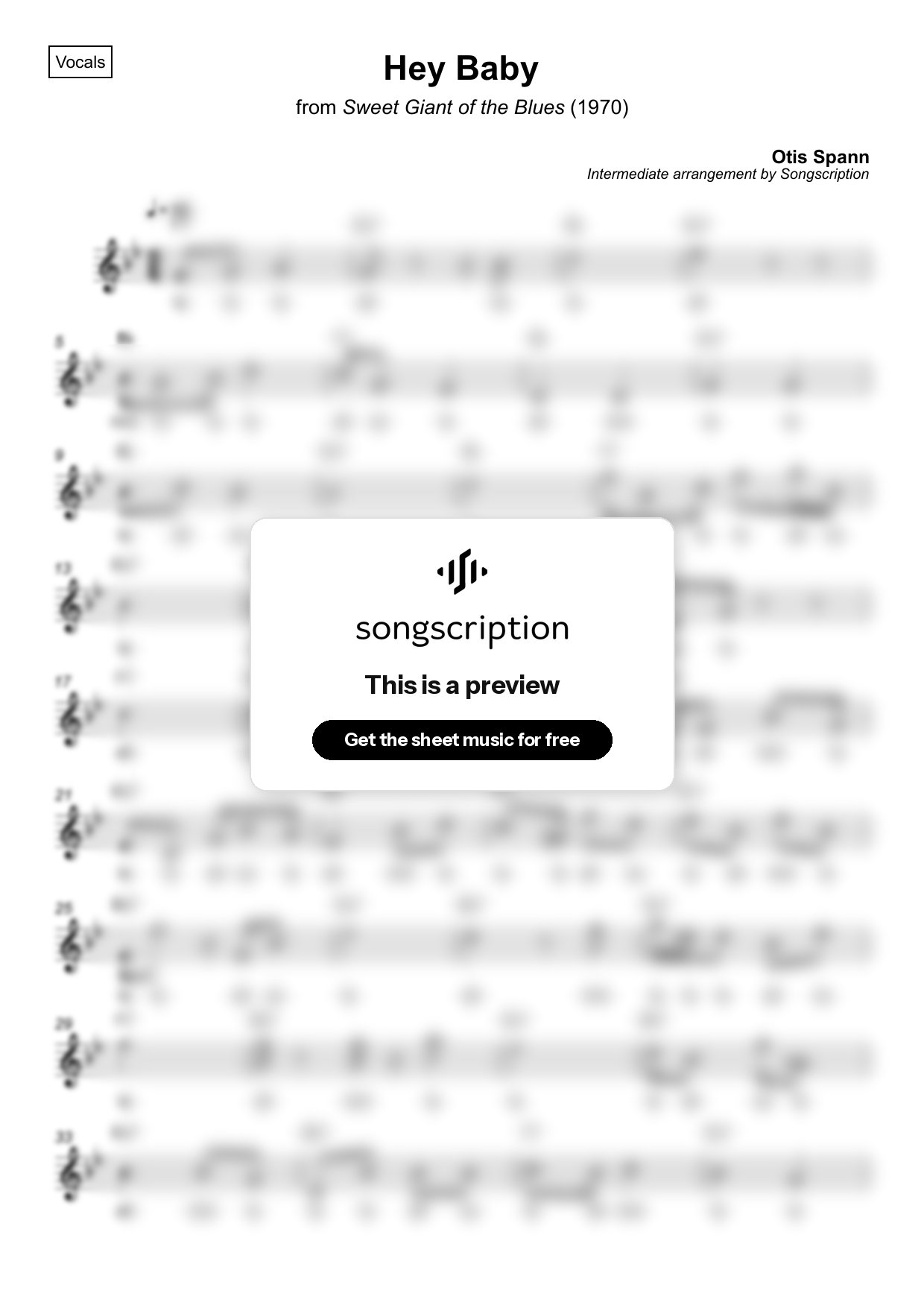 Intermediate Vocals Sheet Music for "Hey Baby" by Otis Spann