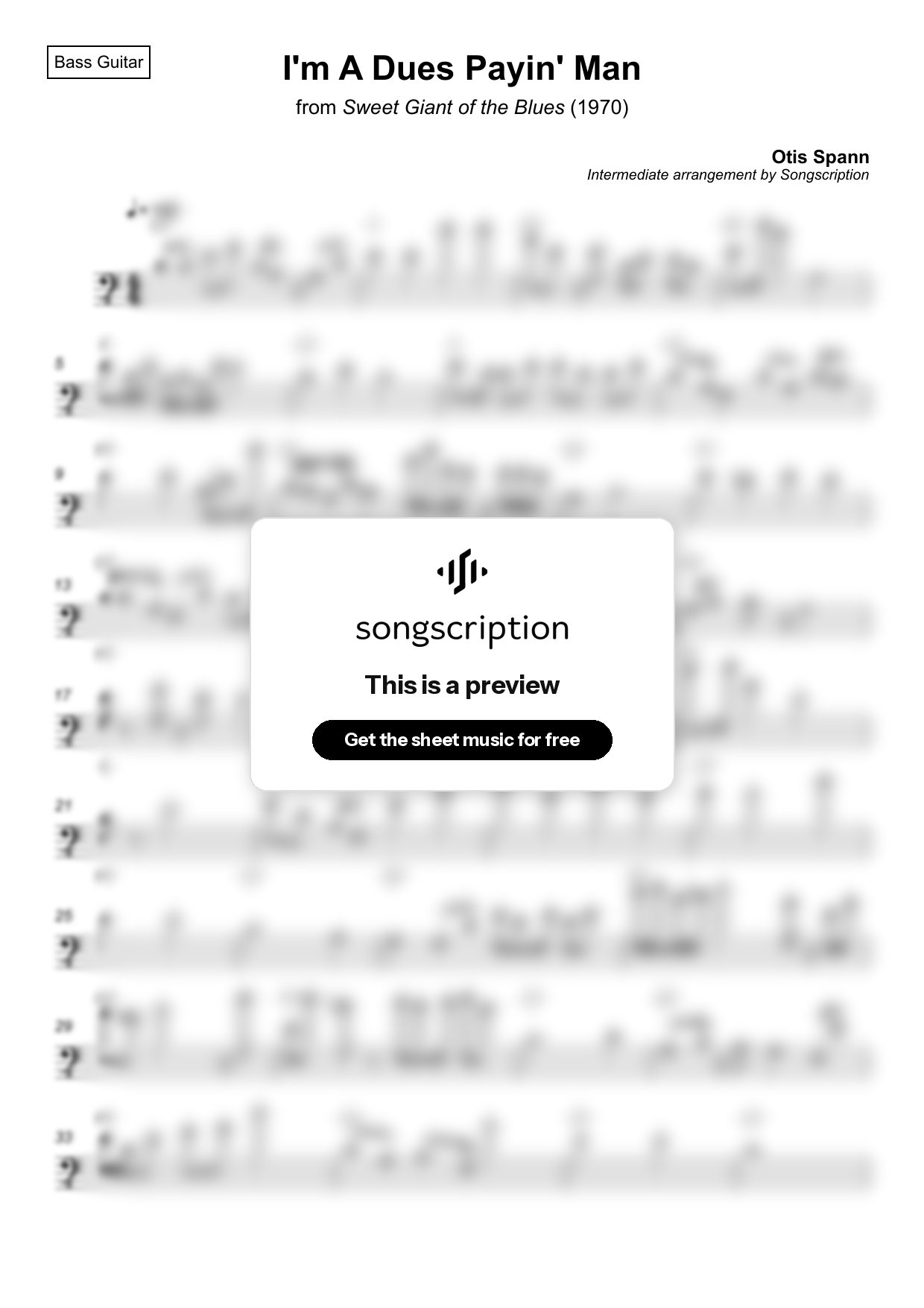 Intermediate Bass Guitar Sheet Music for "I'm A Dues Payin' Man" by Otis Spann