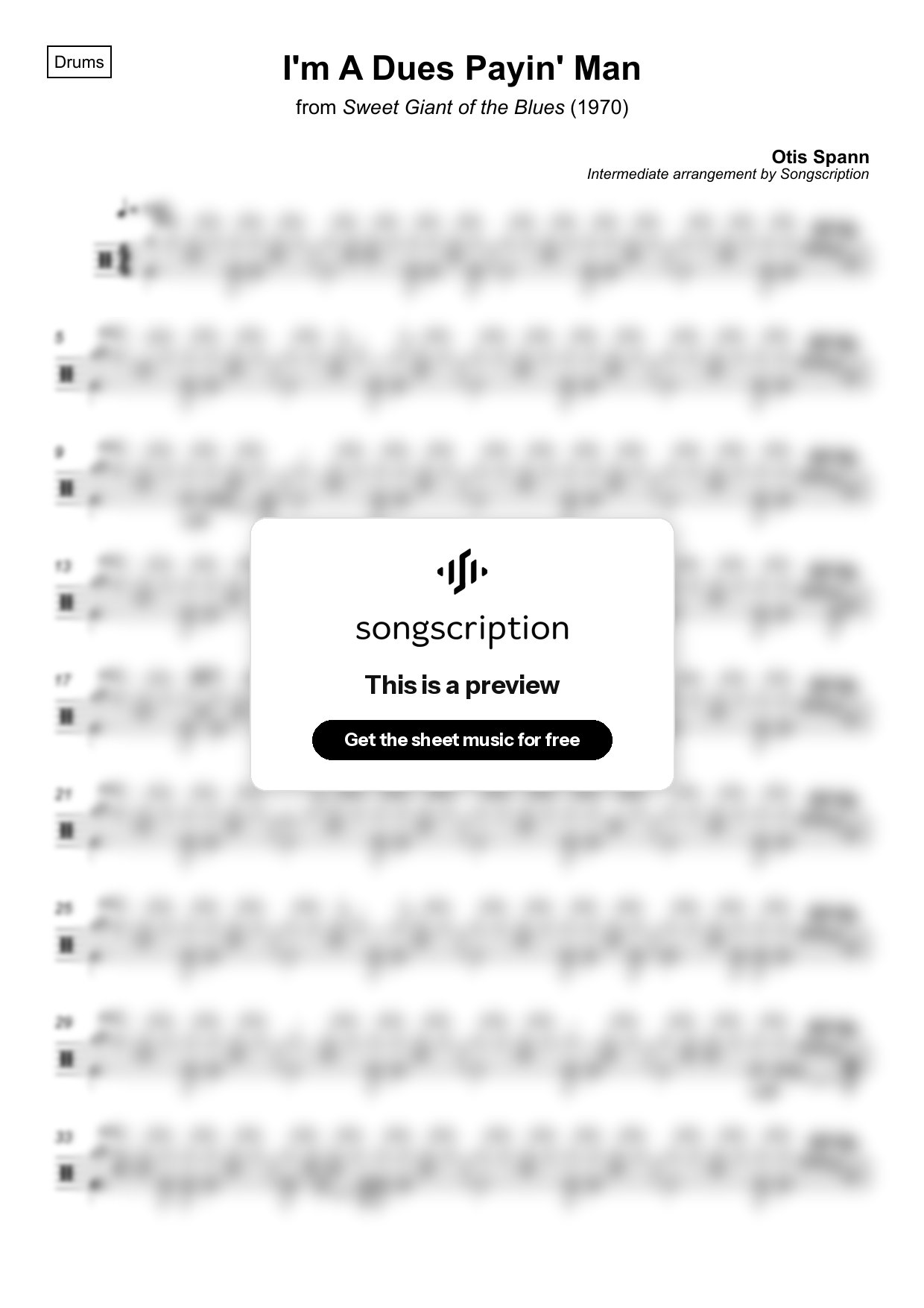 Intermediate Drums Sheet Music for "I'm A Dues Payin' Man" by Otis Spann
