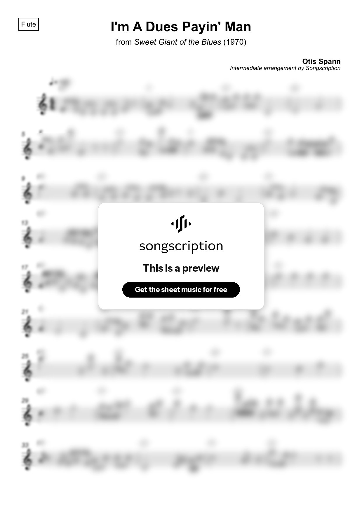 Intermediate Flute Sheet Music for "I'm A Dues Payin' Man" by Otis Spann