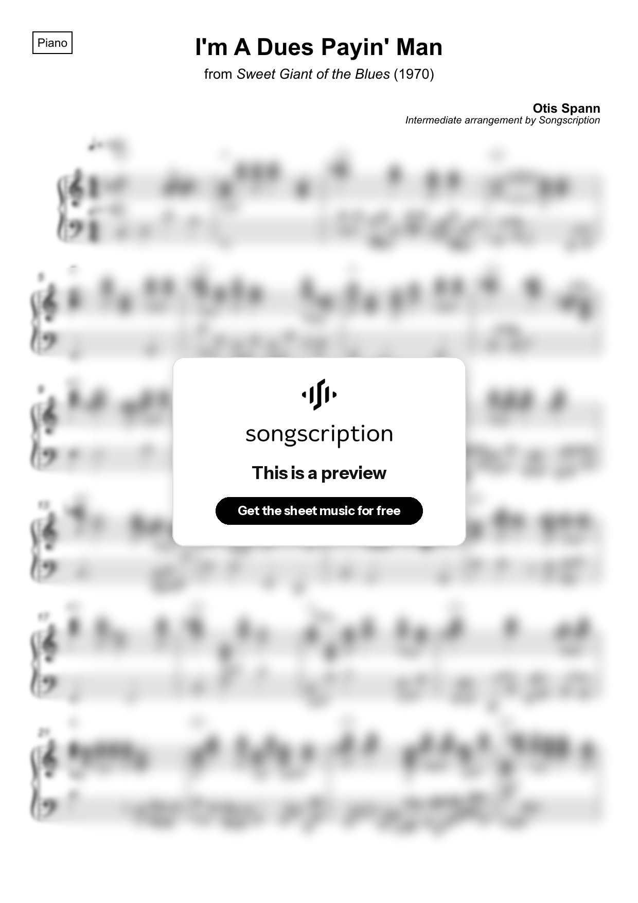 Intermediate Piano Sheet Music for "I'm A Dues Payin' Man" by Otis Spann