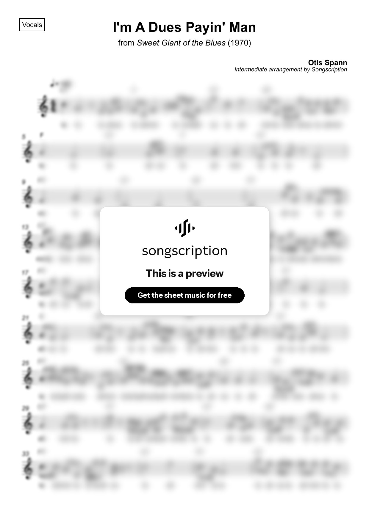 Intermediate Vocals Sheet Music for "I'm A Dues Payin' Man" by Otis Spann