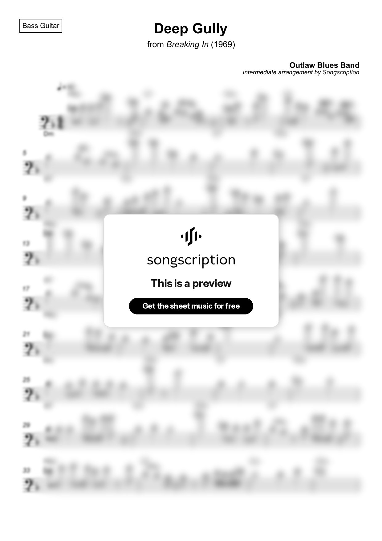 Intermediate Bass Guitar Sheet Music for "Deep Gully" by Outlaw Blues Band