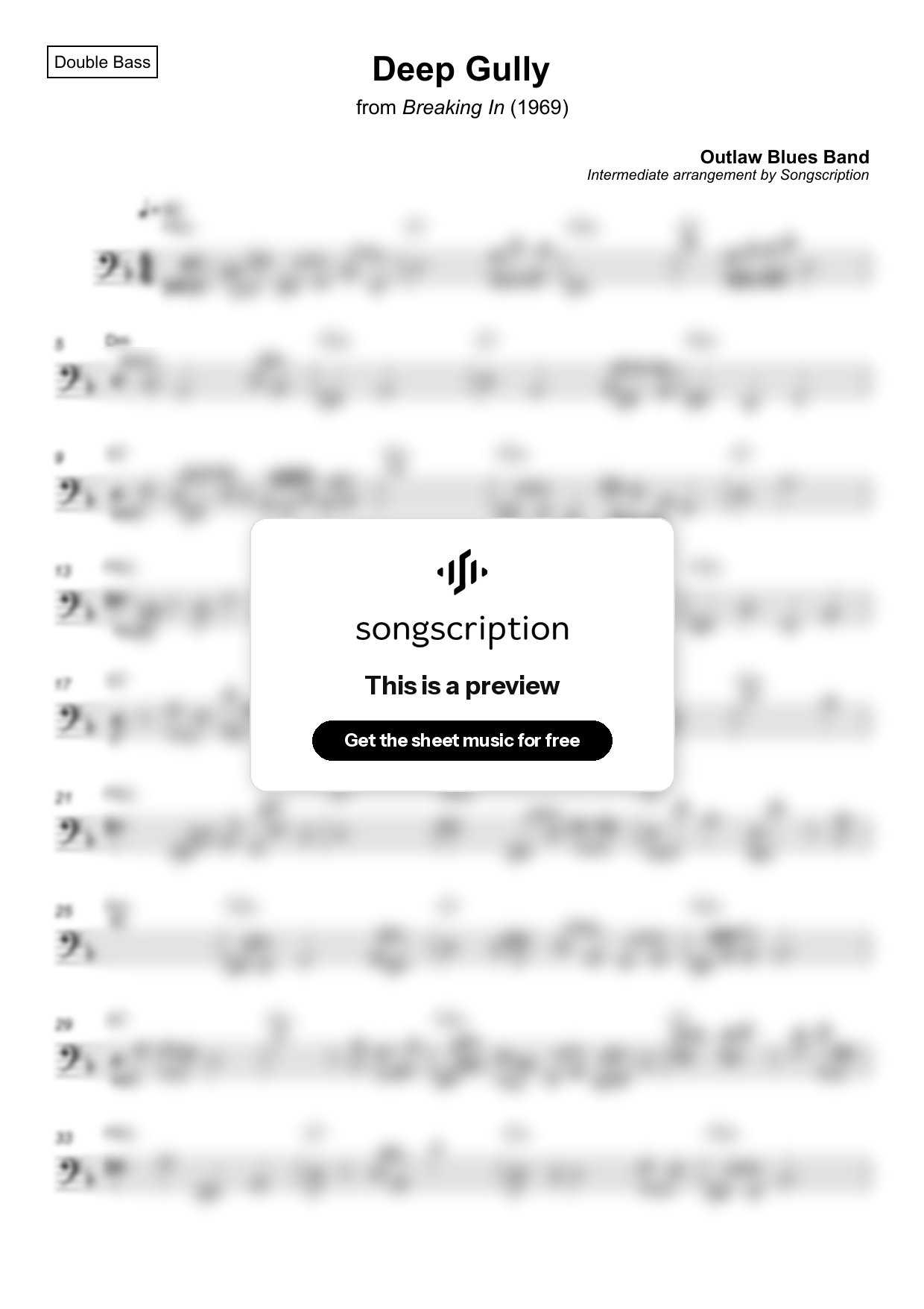 Intermediate Double Bass Sheet Music for "Deep Gully" by Outlaw Blues Band