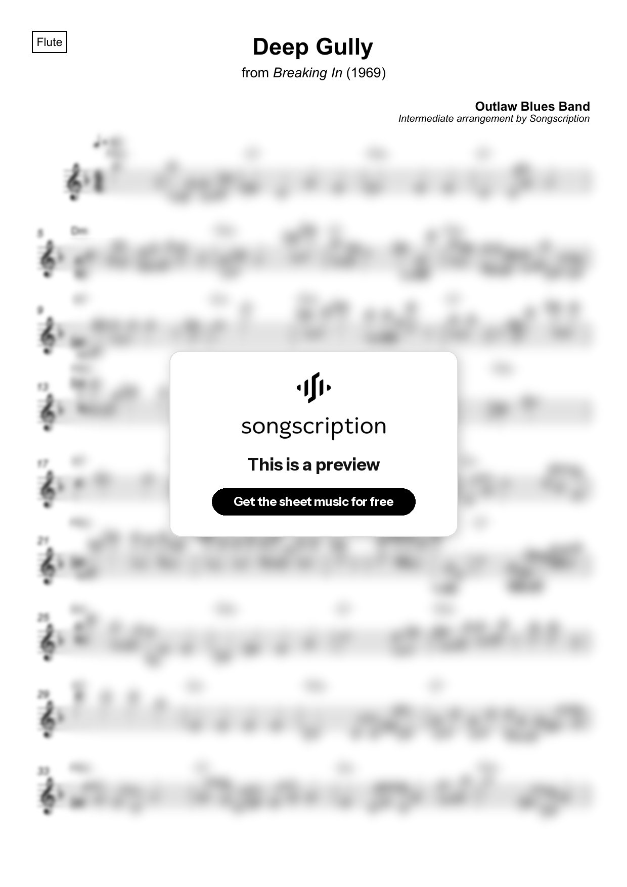 Intermediate Flute Sheet Music for "Deep Gully" by Outlaw Blues Band