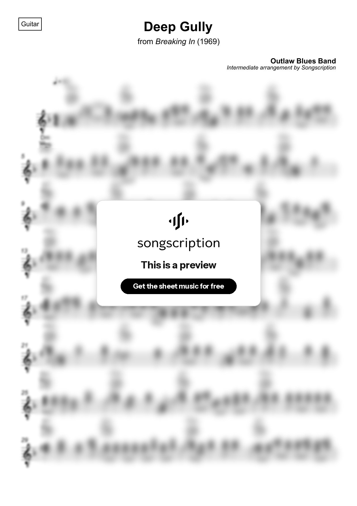 Intermediate Acoustic Guitar Sheet Music for "Deep Gully" by Outlaw Blues Band