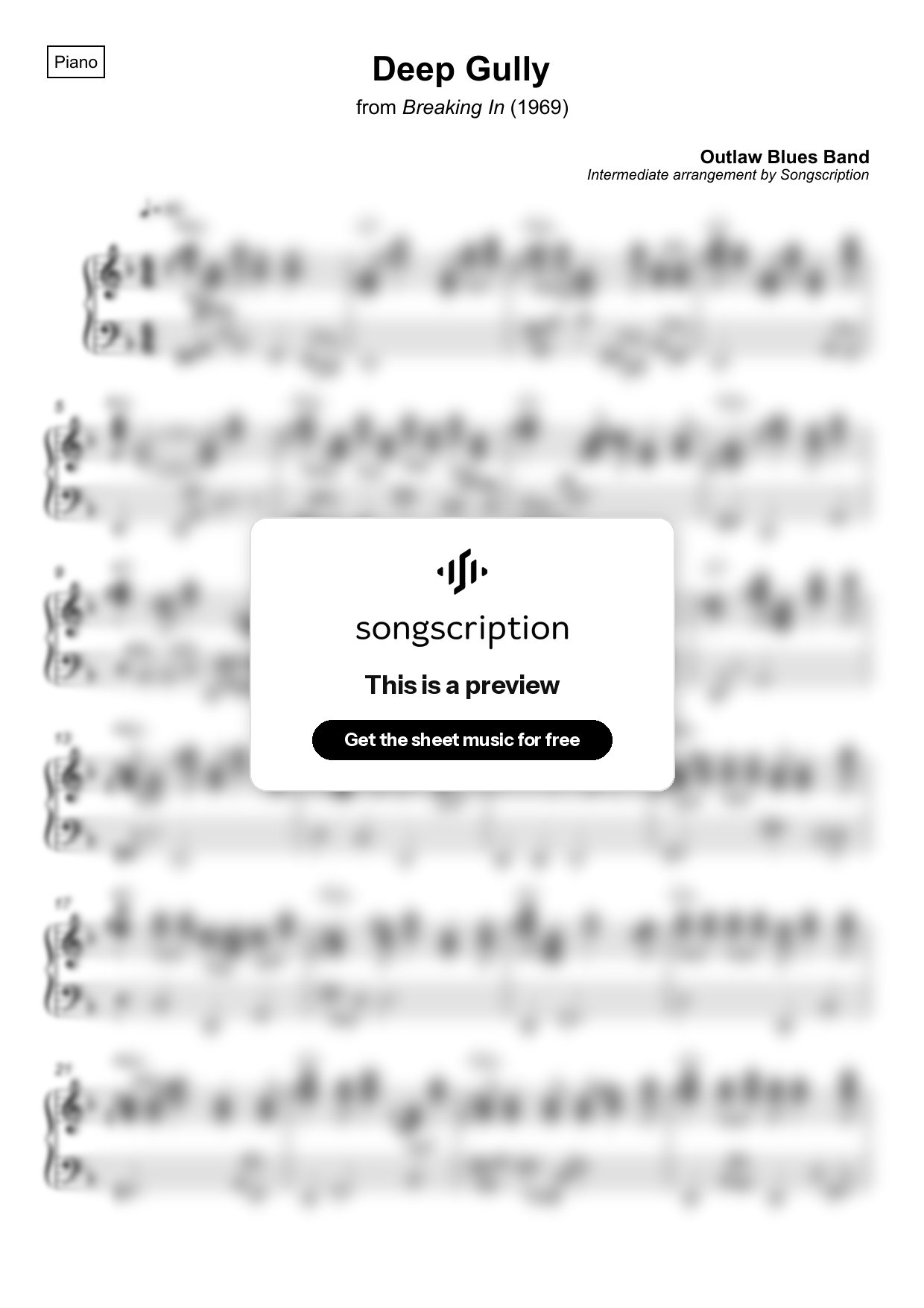 Intermediate Piano Sheet Music for "Deep Gully" by Outlaw Blues Band