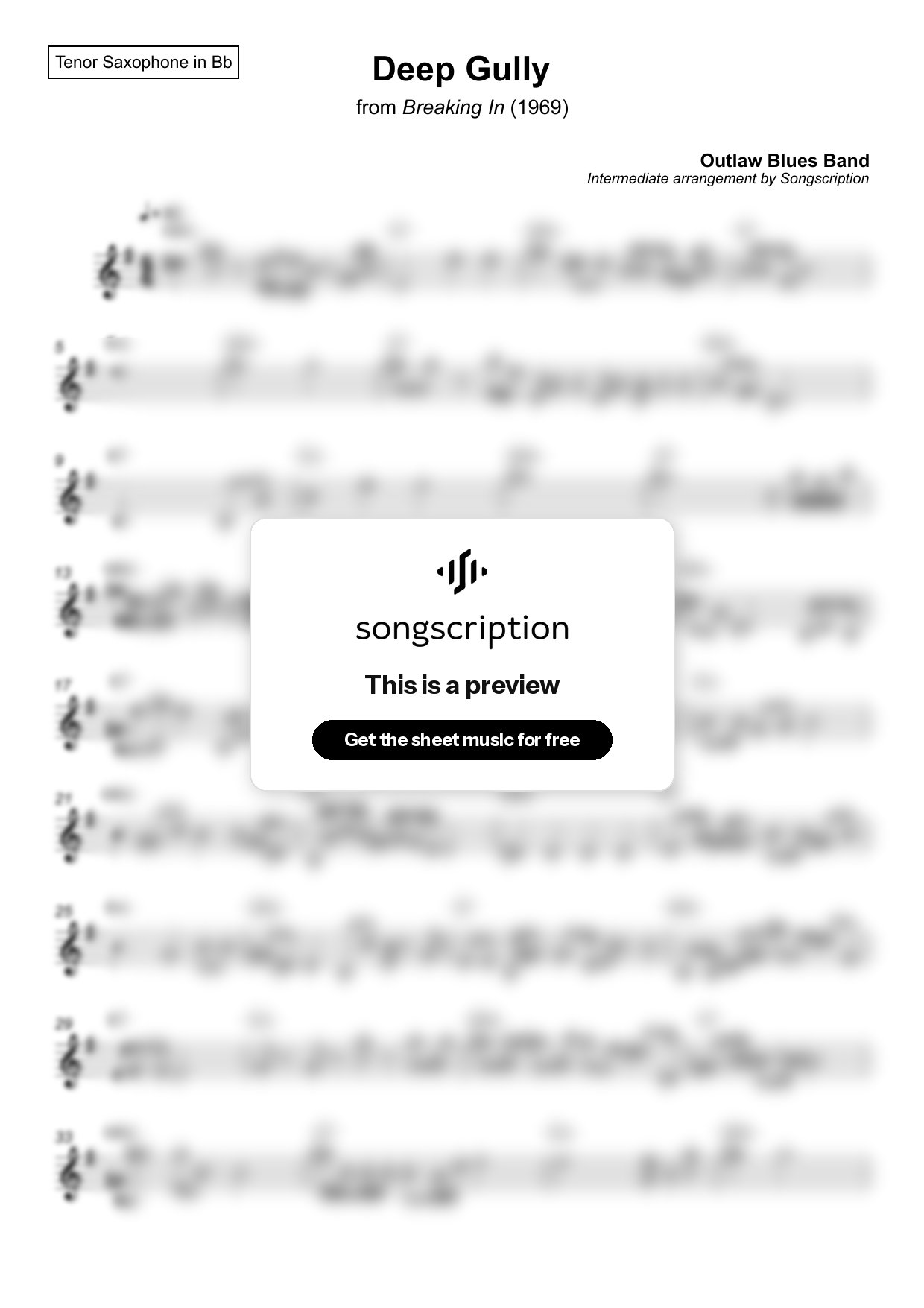 Intermediate Tenor Sax Sheet Music for "Deep Gully" by Outlaw Blues Band
