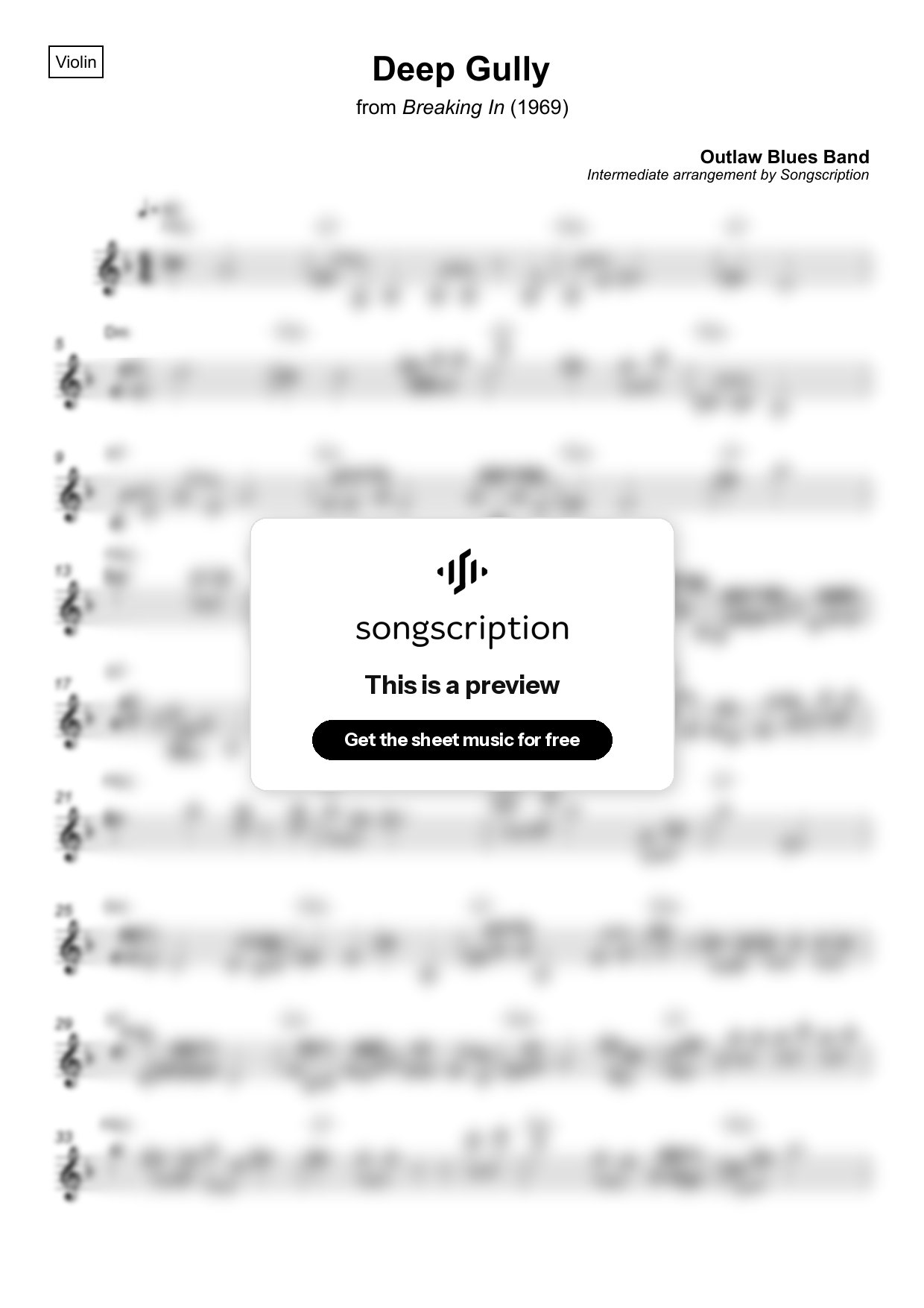 Intermediate Violin Sheet Music for "Deep Gully" by Outlaw Blues Band