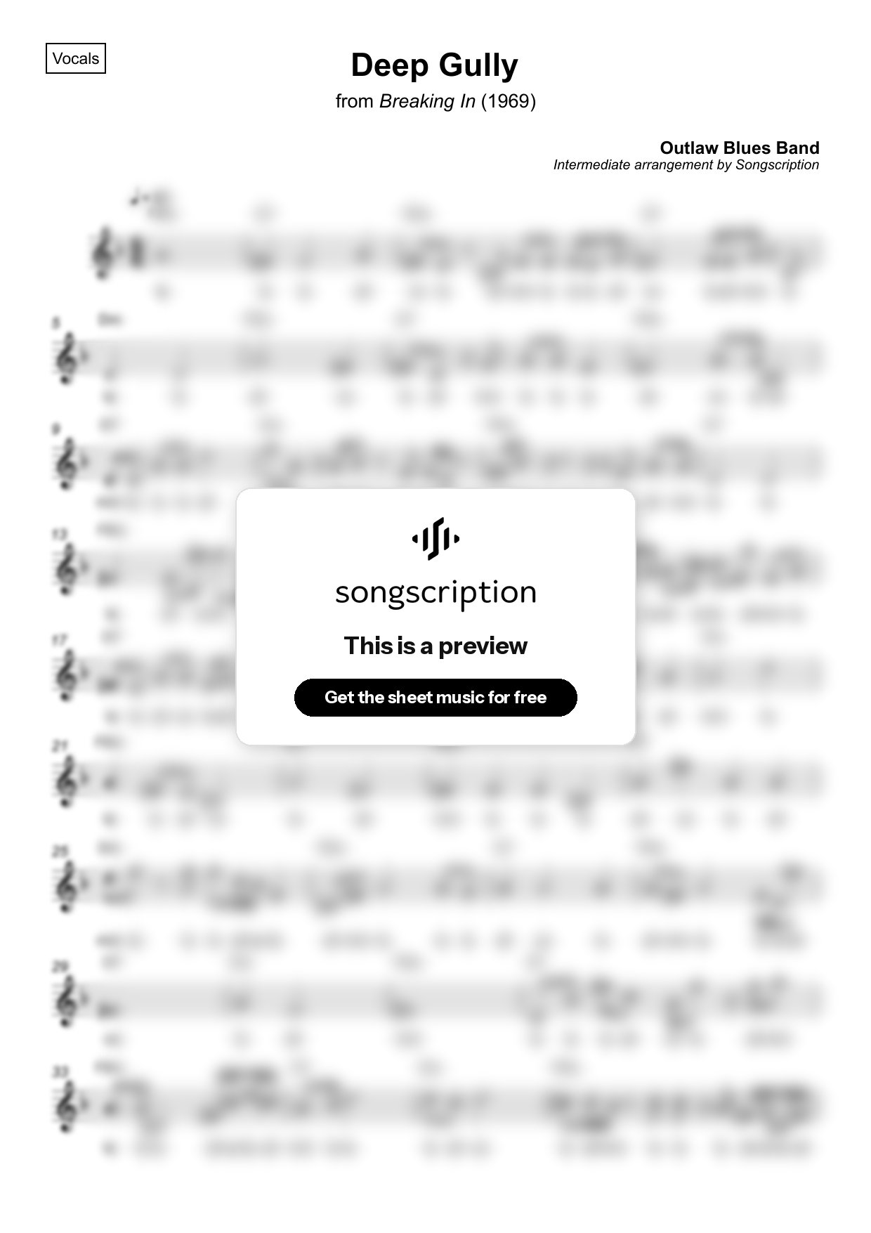 Intermediate Vocals Sheet Music for "Deep Gully" by Outlaw Blues Band