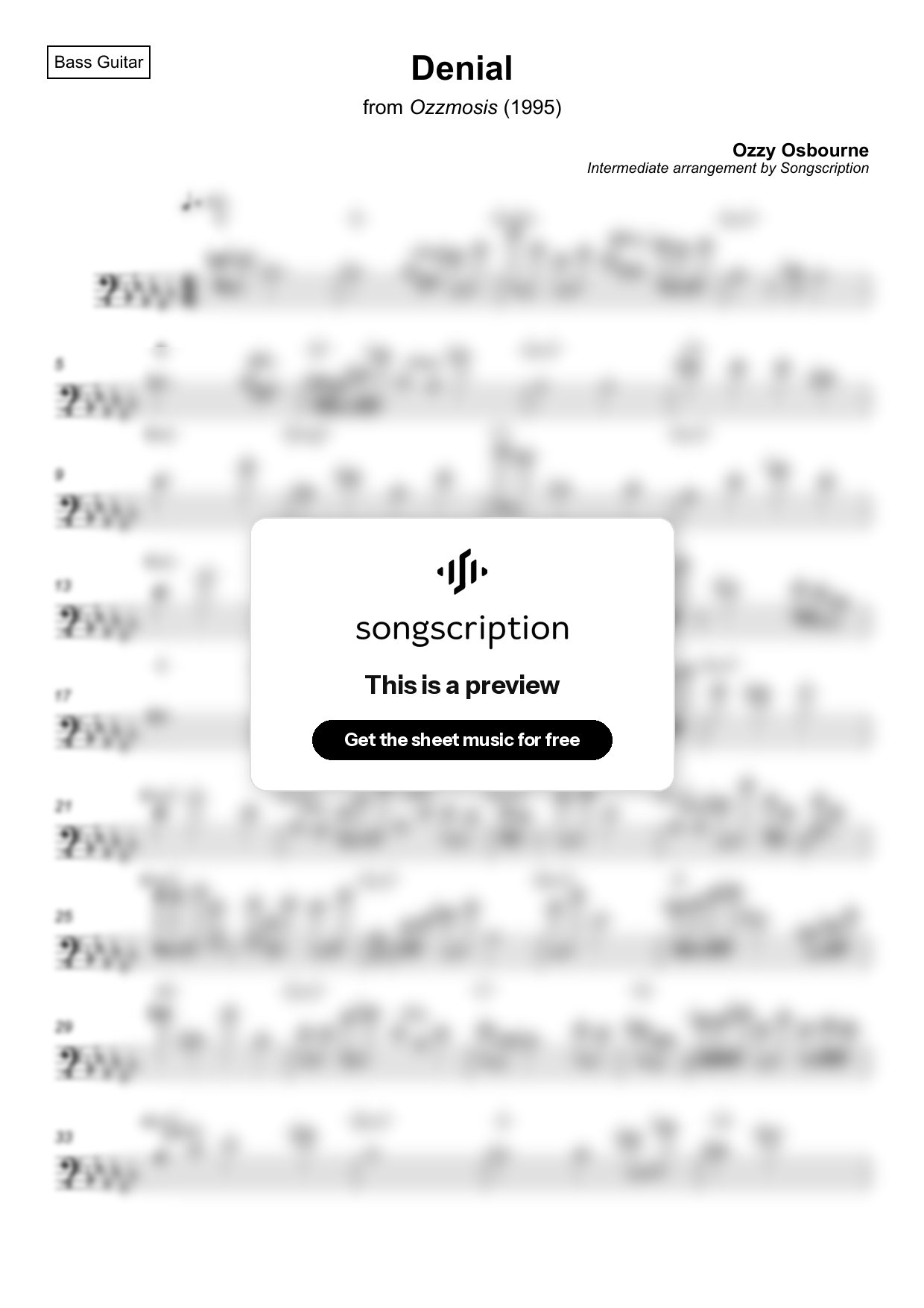 Intermediate Bass Guitar Sheet Music for "Denial" by Ozzy Osbourne