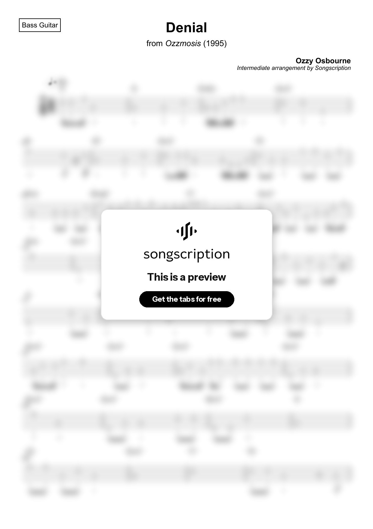 Intermediate Bass Guitar Tabs for "Denial" by Ozzy Osbourne