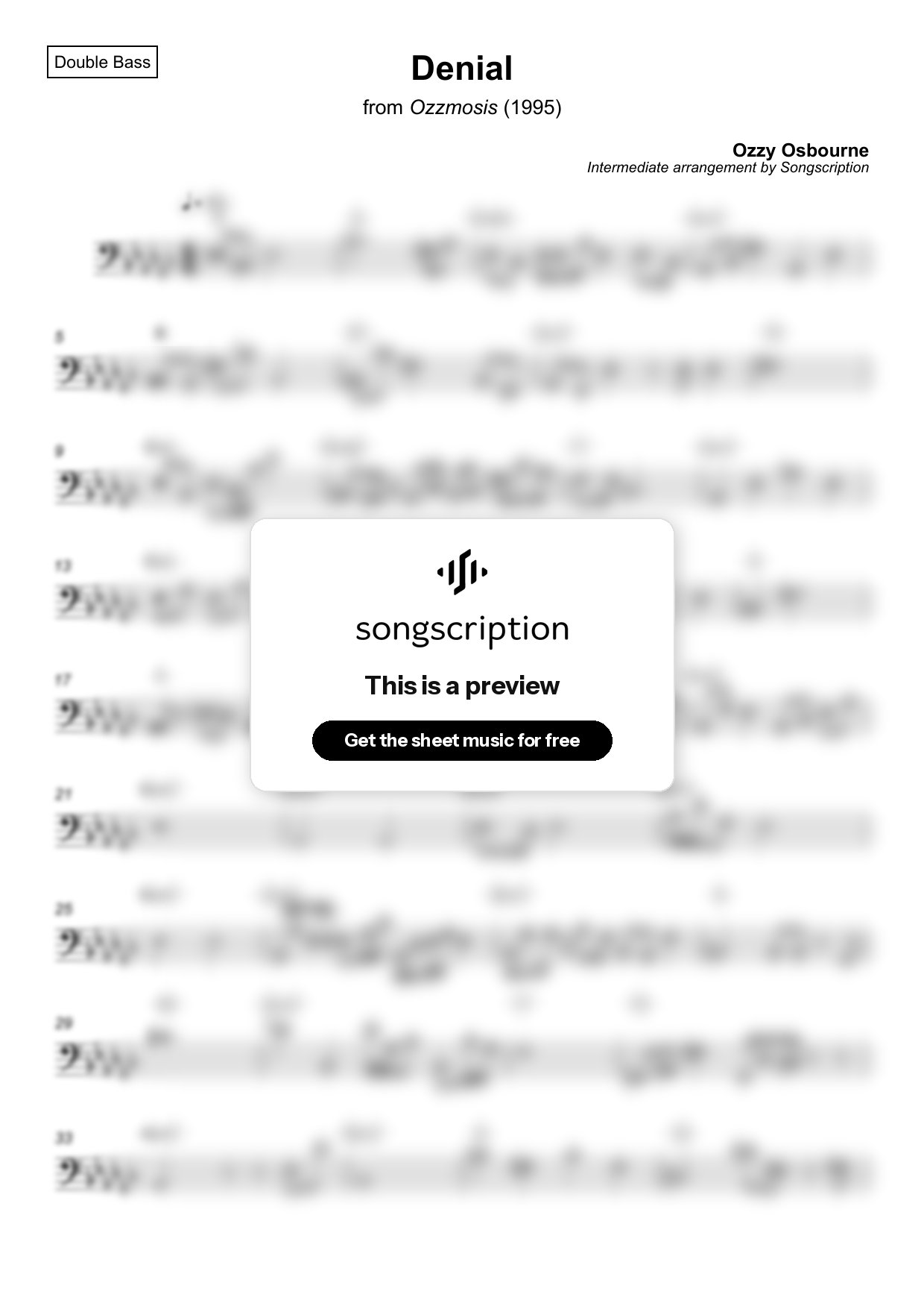 Intermediate Double Bass Sheet Music for "Denial" by Ozzy Osbourne