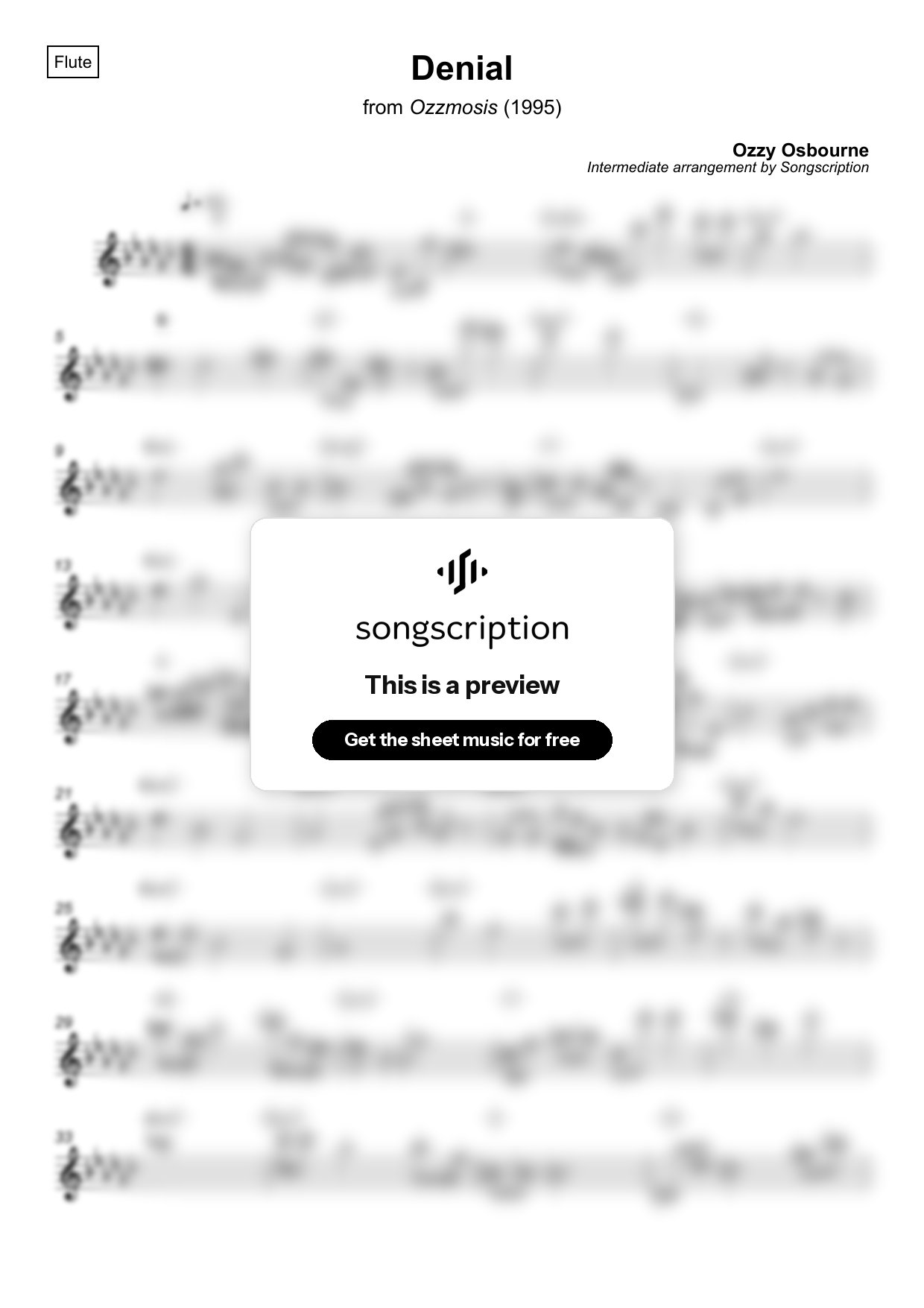 Intermediate Flute Sheet Music for "Denial" by Ozzy Osbourne
