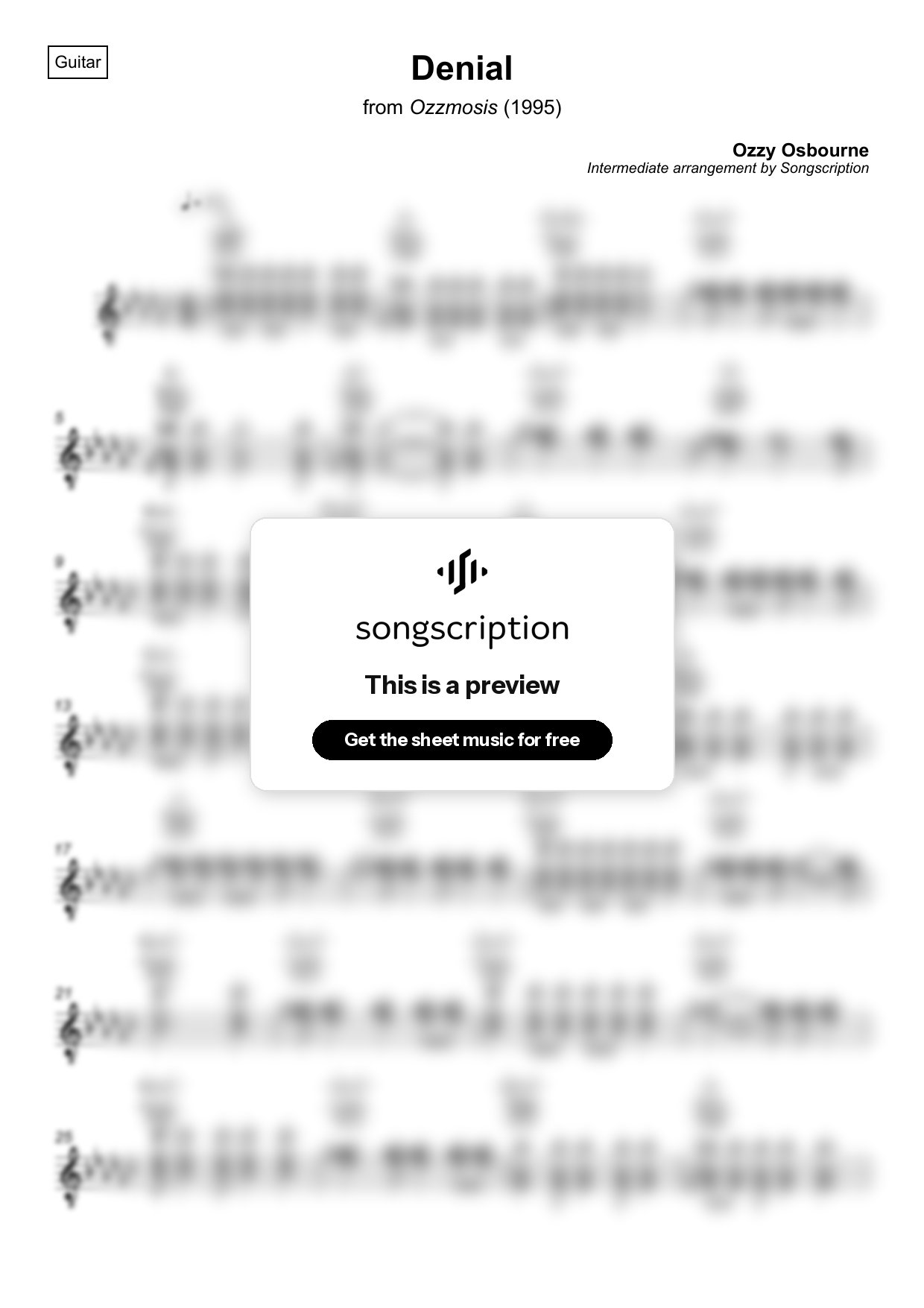 Intermediate Acoustic Guitar Sheet Music for "Denial" by Ozzy Osbourne