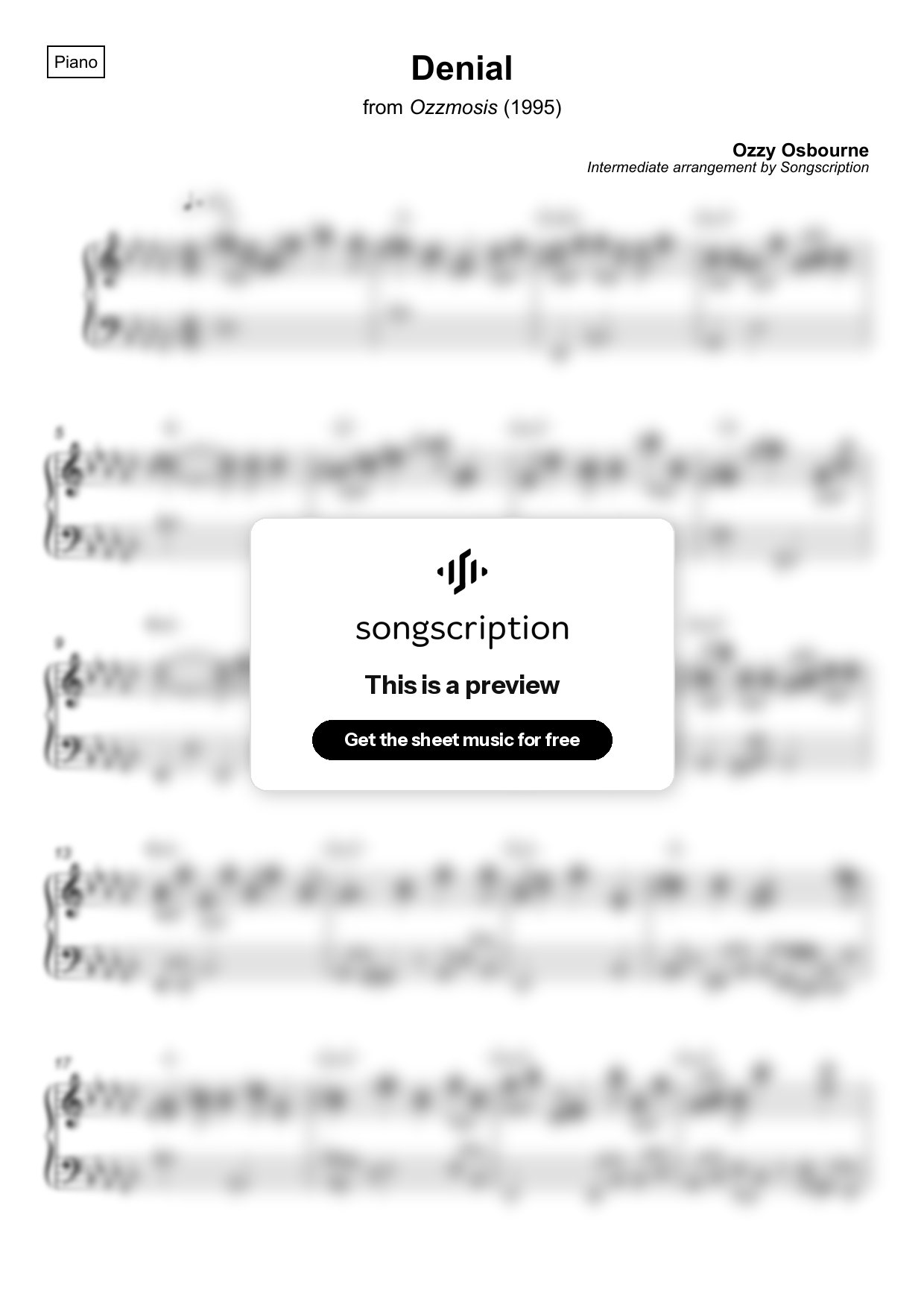 Intermediate Piano Sheet Music for "Denial" by Ozzy Osbourne