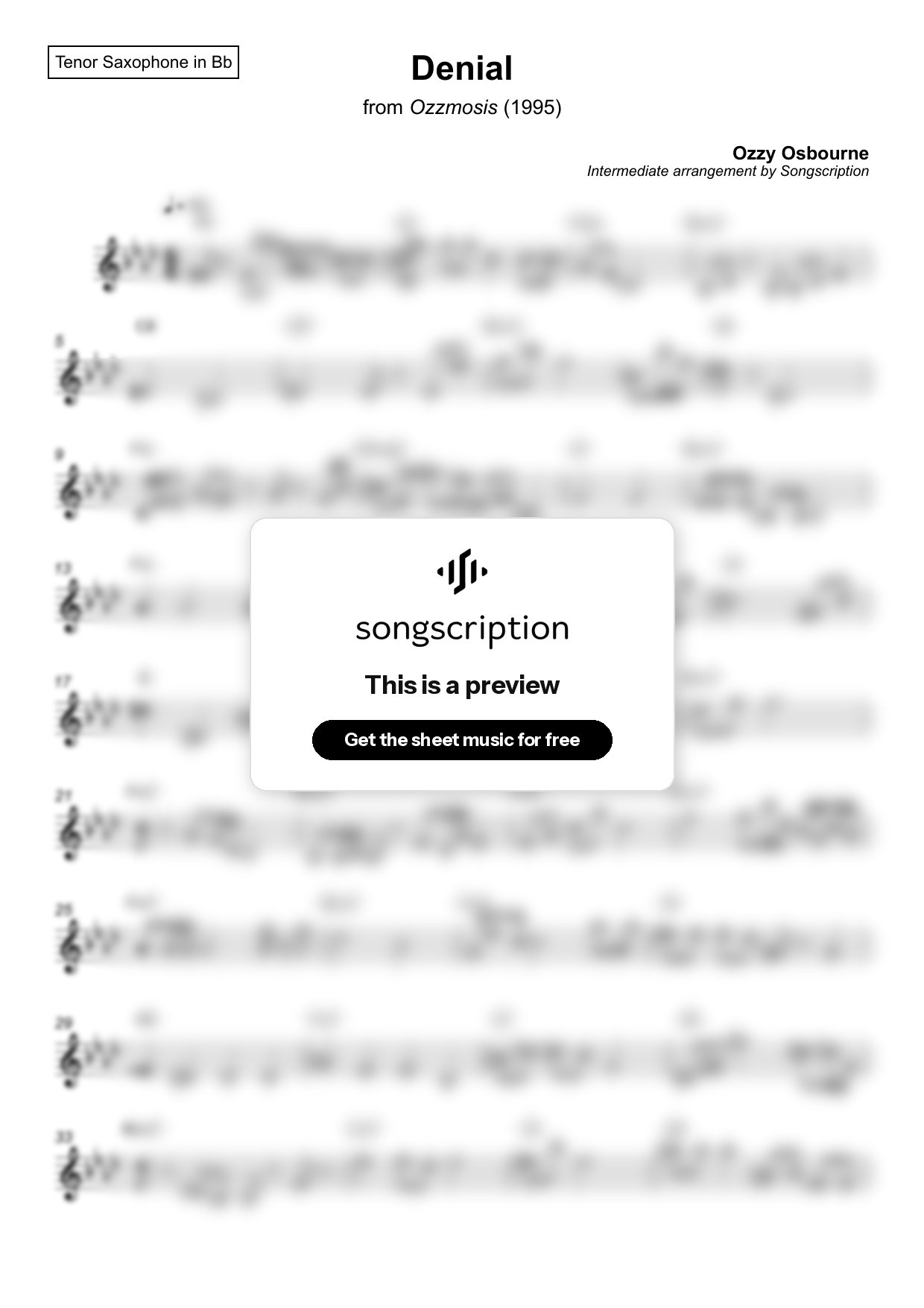 Intermediate Tenor Sax Sheet Music for "Denial" by Ozzy Osbourne