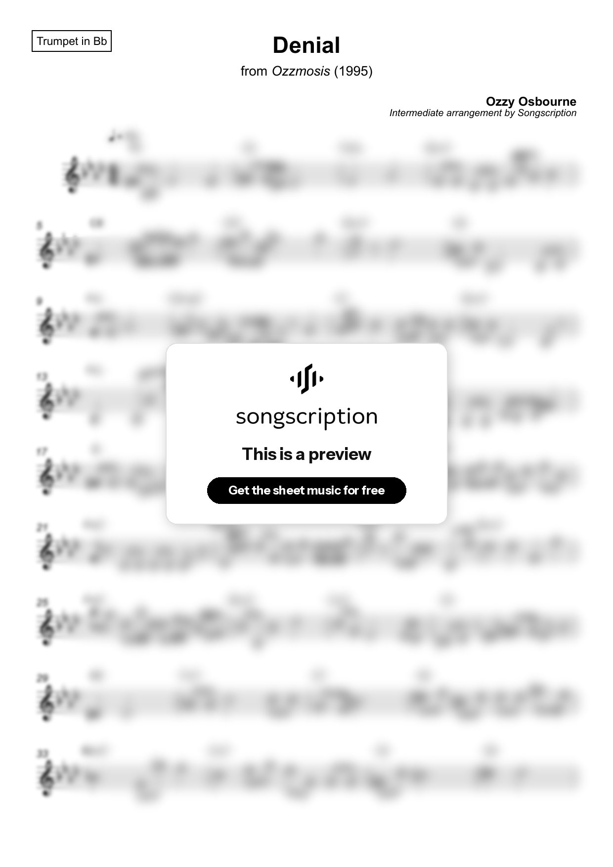 Intermediate Trumpet Sheet Music for "Denial" by Ozzy Osbourne
