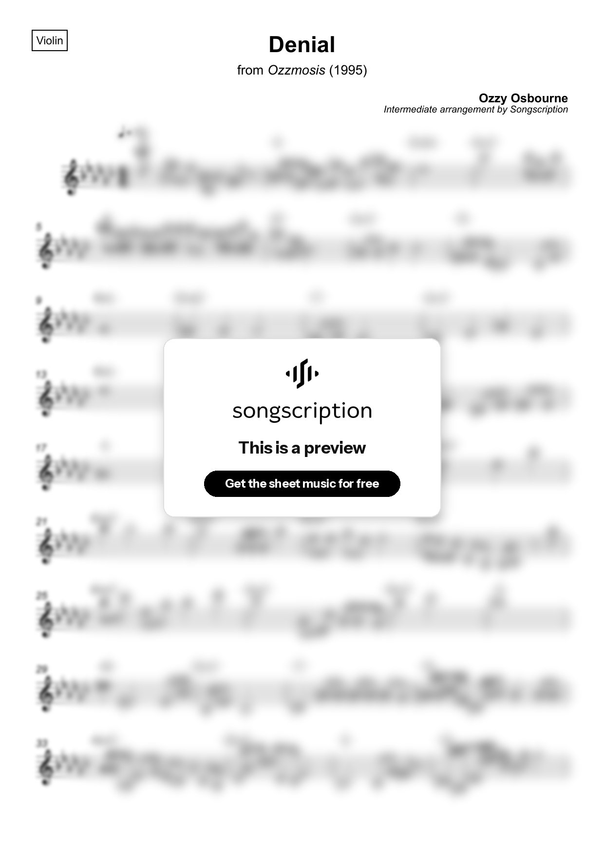 Intermediate Violin Sheet Music for "Denial" by Ozzy Osbourne