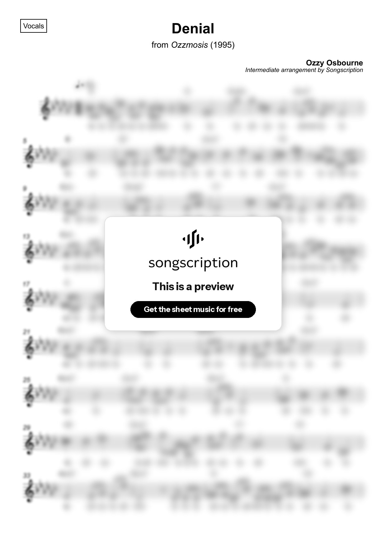 Intermediate Vocals Sheet Music for "Denial" by Ozzy Osbourne