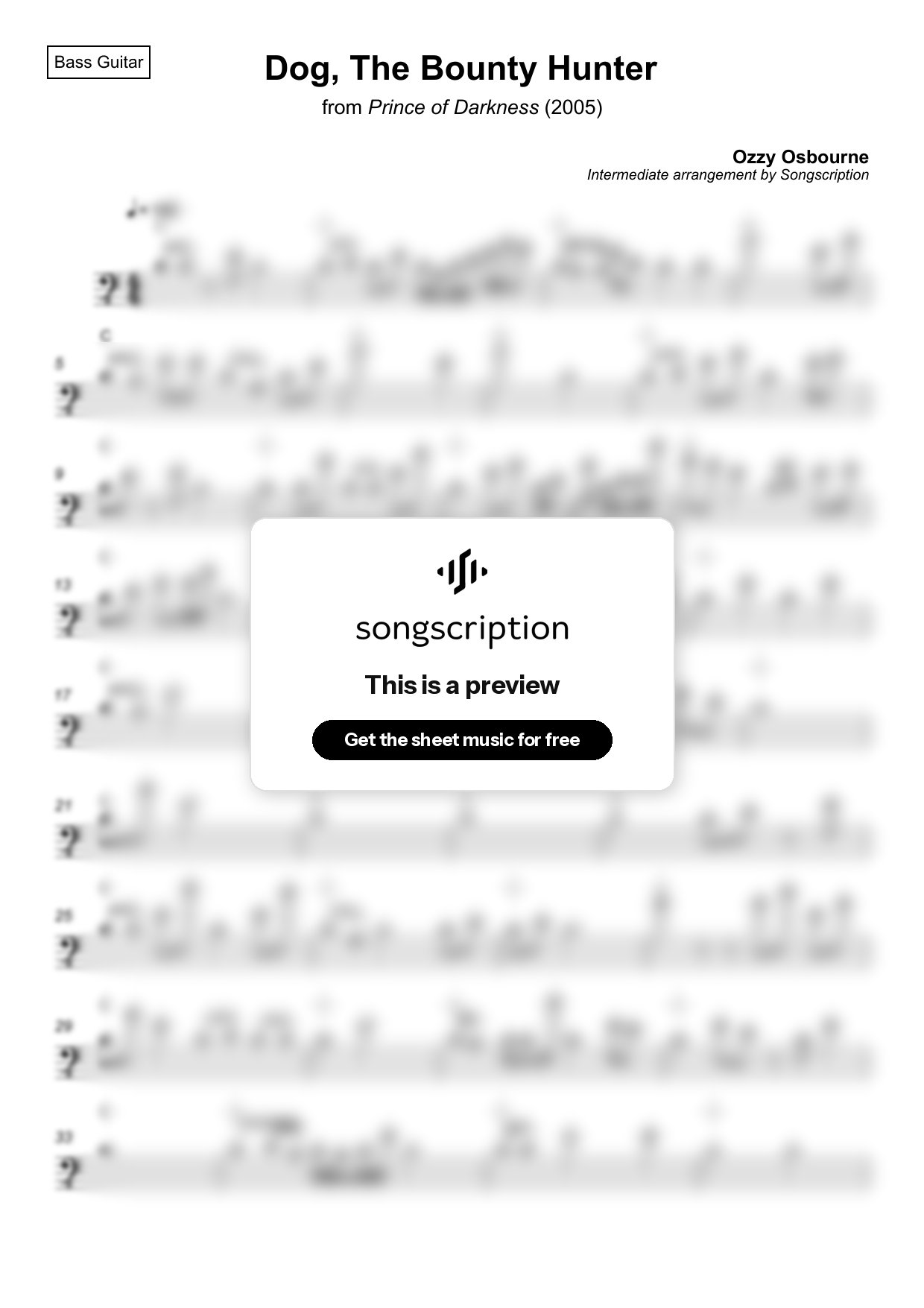 Intermediate Bass Guitar Sheet Music for "Dog, The Bounty Hunter" by Ozzy Osbourne