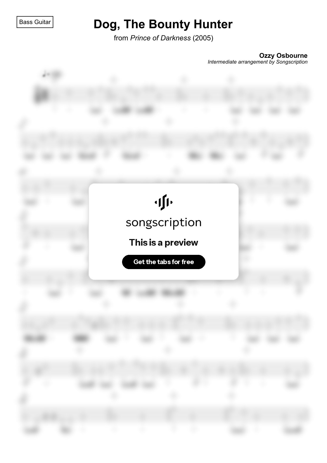 Intermediate Bass Guitar Tabs for "Dog, The Bounty Hunter" by Ozzy Osbourne