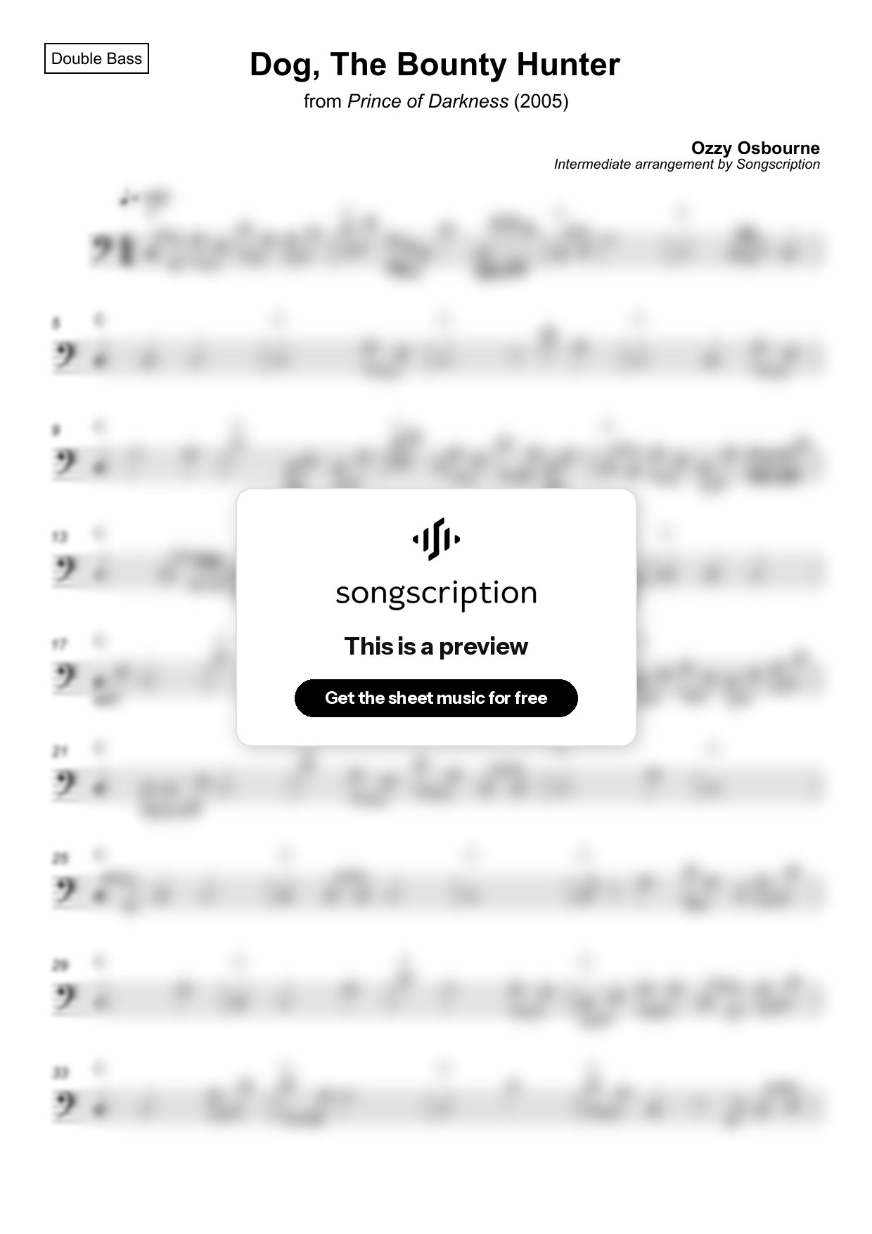 Intermediate Double Bass Sheet Music for "Dog, The Bounty Hunter" by Ozzy Osbourne