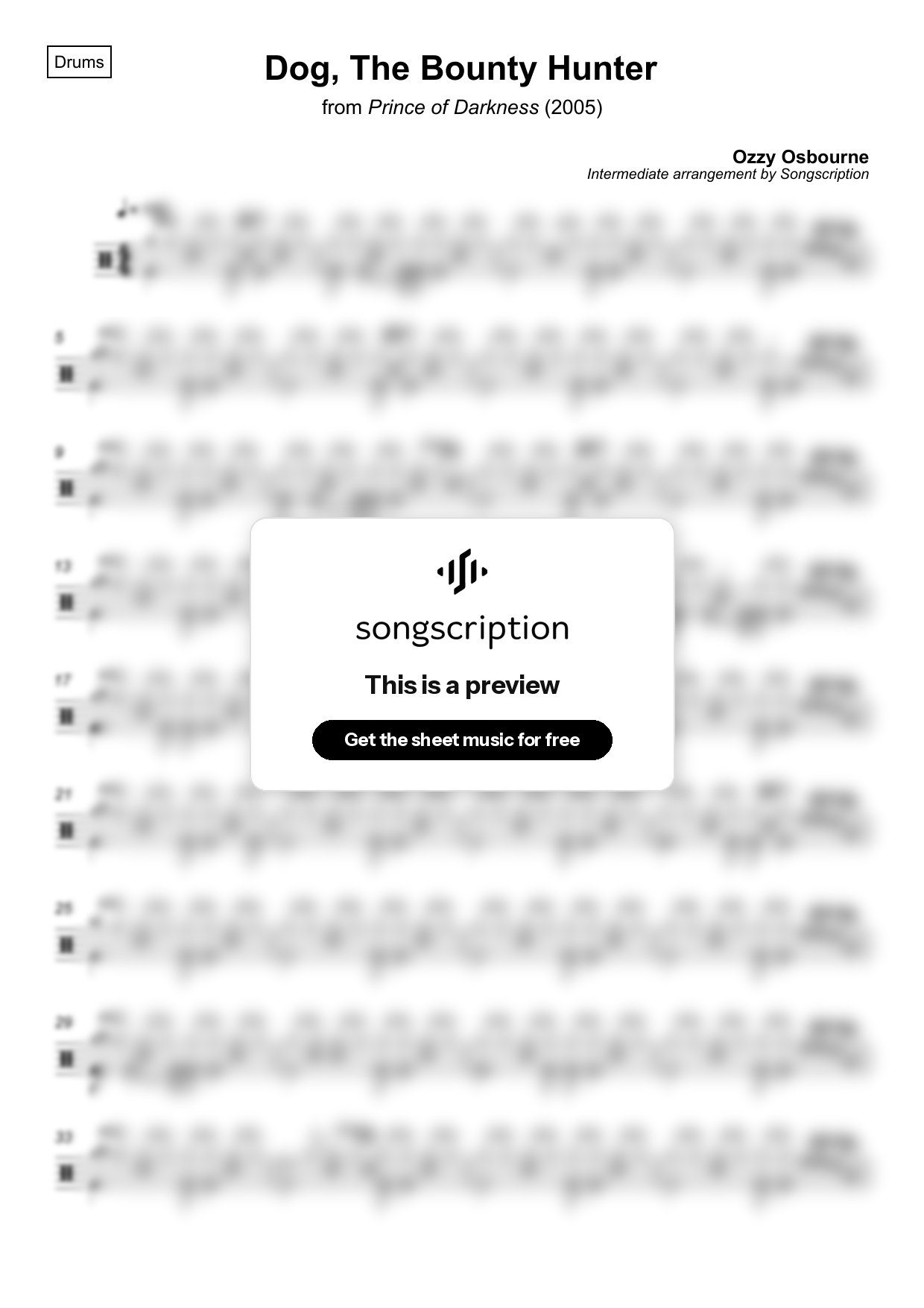 Intermediate Drums Sheet Music for "Dog, The Bounty Hunter" by Ozzy Osbourne