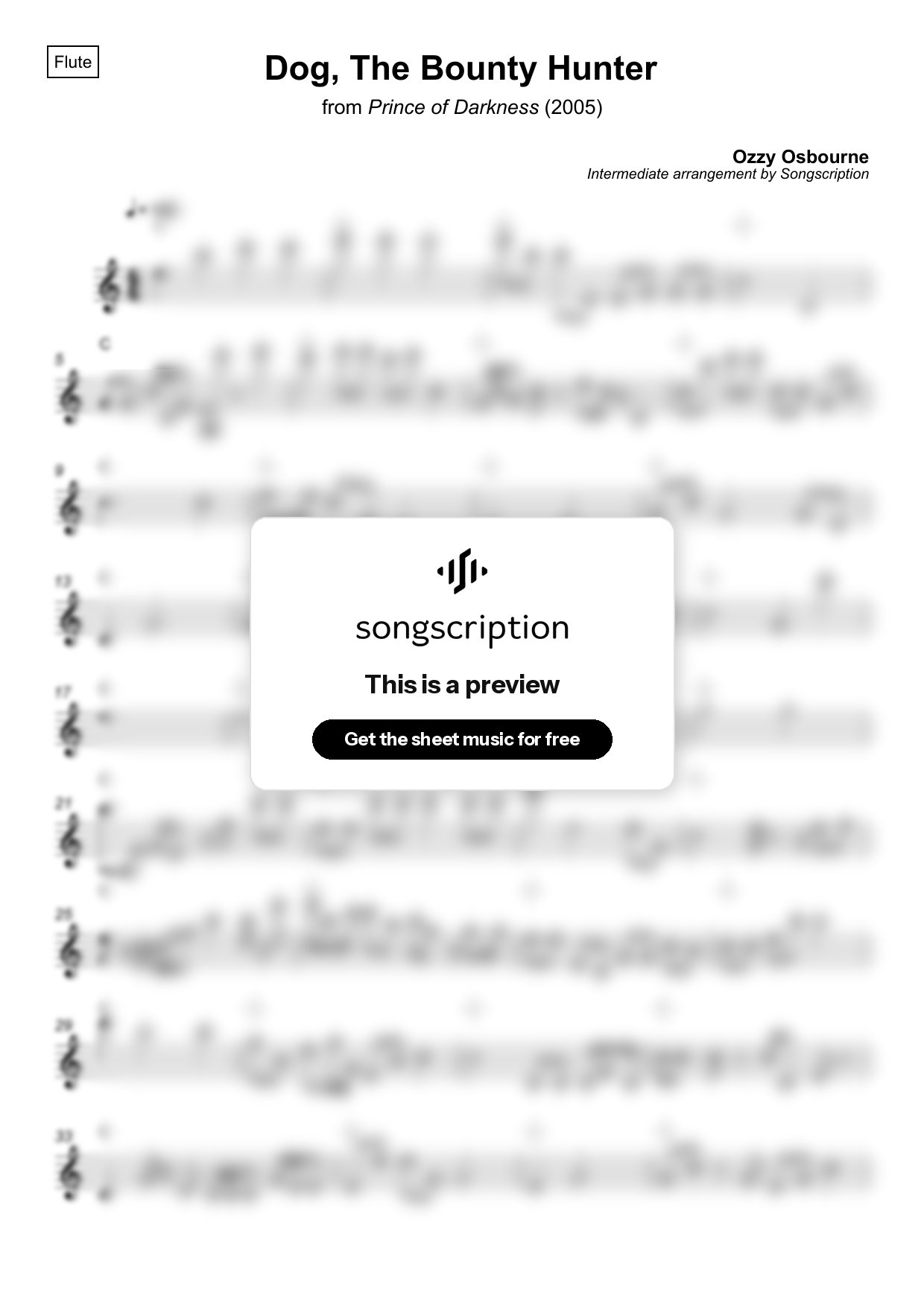 Intermediate Flute Sheet Music for "Dog, The Bounty Hunter" by Ozzy Osbourne