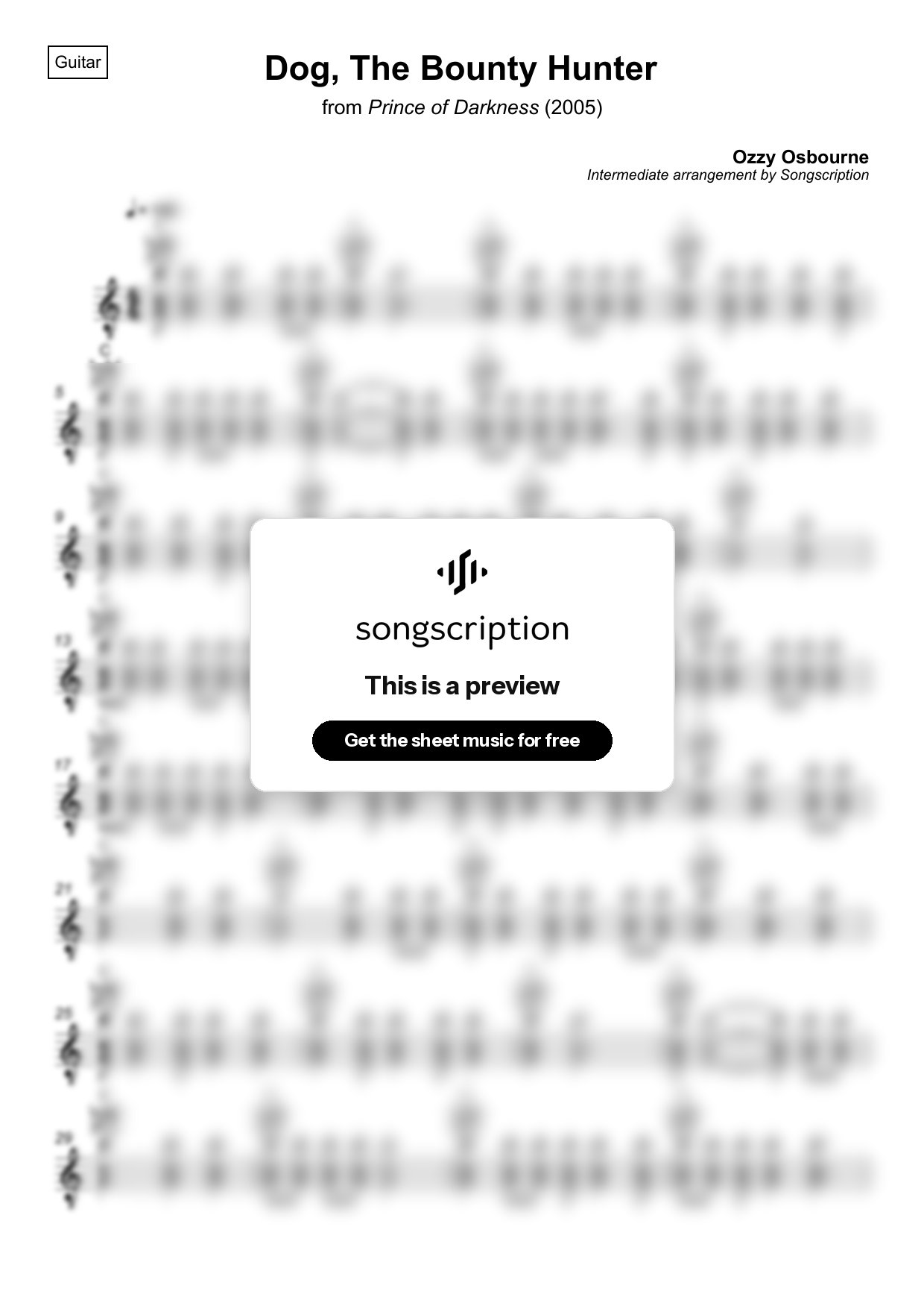 Intermediate Acoustic Guitar Sheet Music for "Dog, The Bounty Hunter" by Ozzy Osbourne