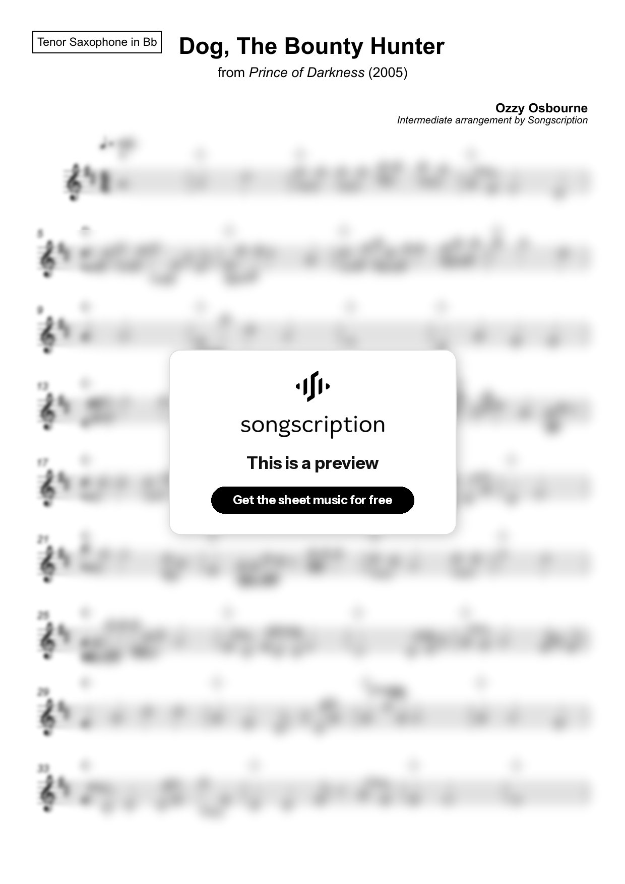 Intermediate Tenor Sax Sheet Music for "Dog, The Bounty Hunter" by Ozzy Osbourne