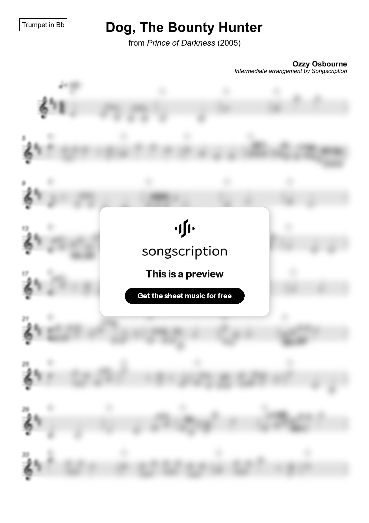 Intermediate Trumpet Sheet Music for "Dog, The Bounty Hunter" by Ozzy Osbourne