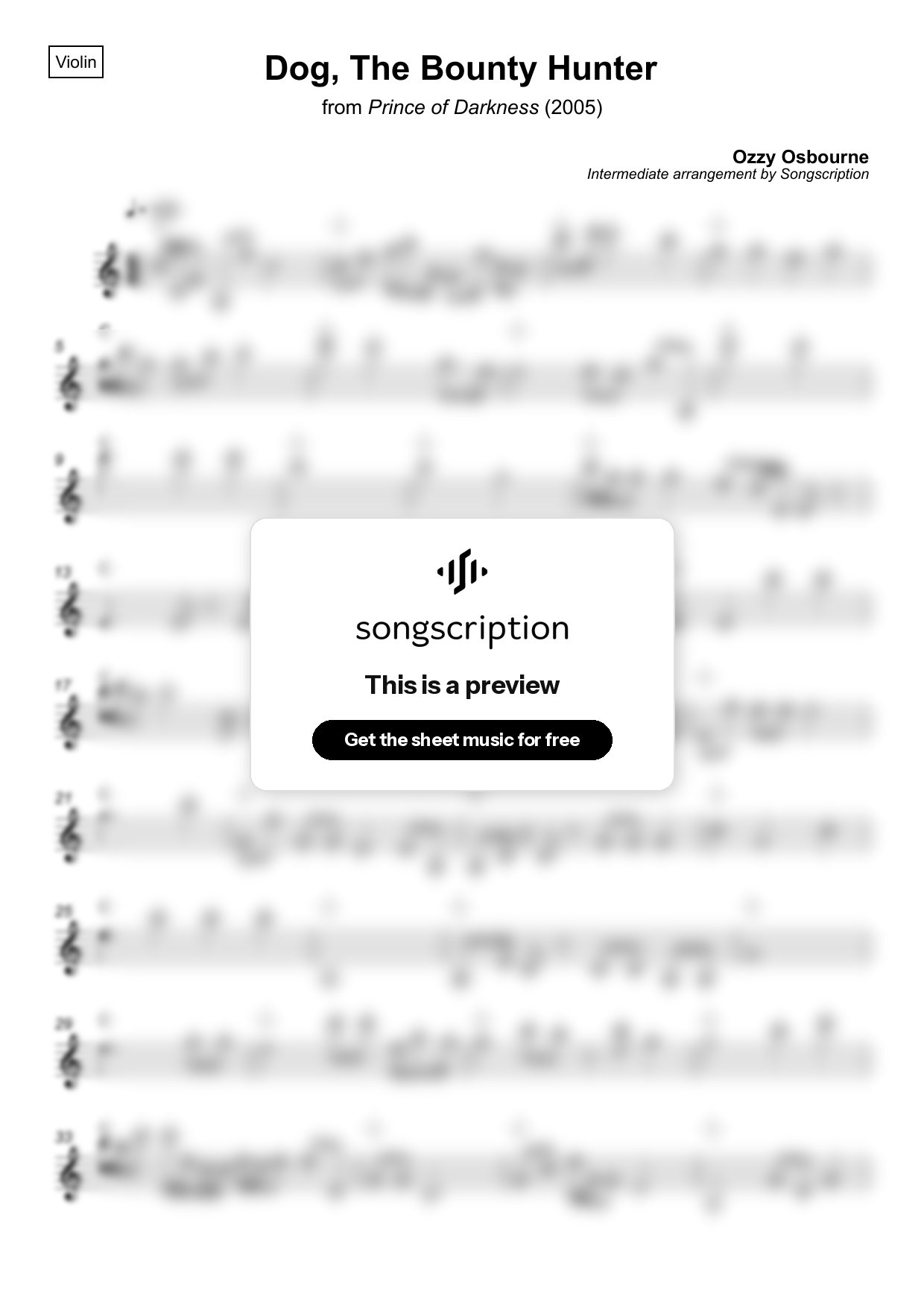 Intermediate Violin Sheet Music for "Dog, The Bounty Hunter" by Ozzy Osbourne
