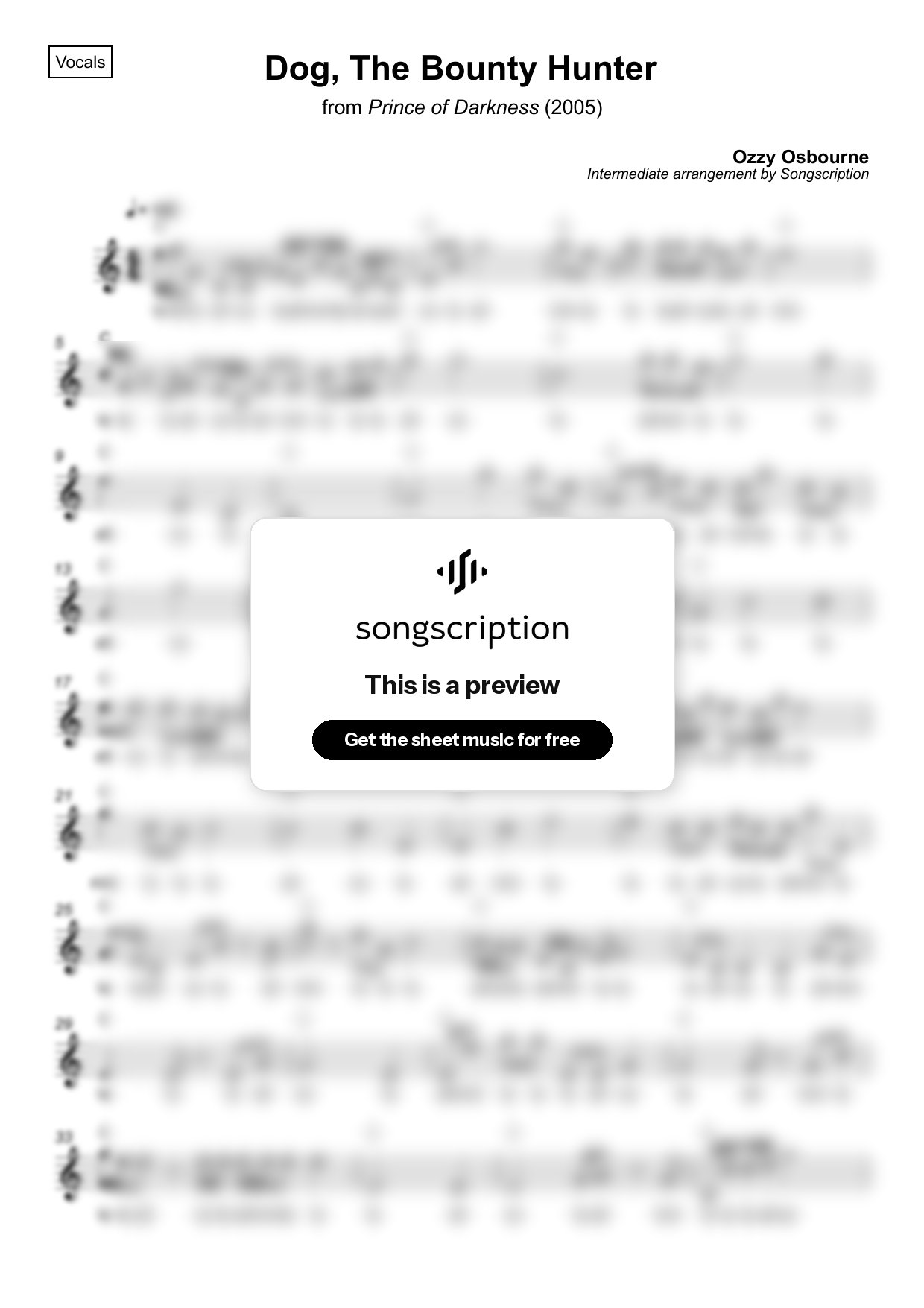 Intermediate Vocals Sheet Music for "Dog, The Bounty Hunter" by Ozzy Osbourne