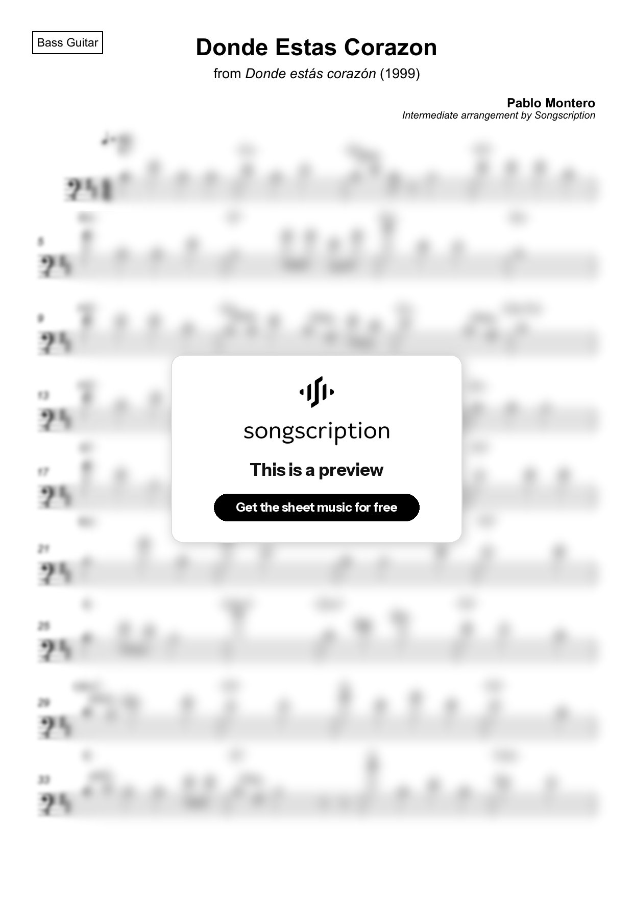 Intermediate Bass Guitar Sheet Music for "Donde Estas Corazon" by Pablo Montero