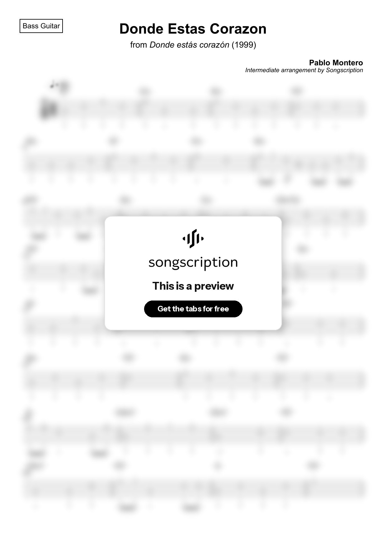 Intermediate Bass Guitar Tabs for "Donde Estas Corazon" by Pablo Montero