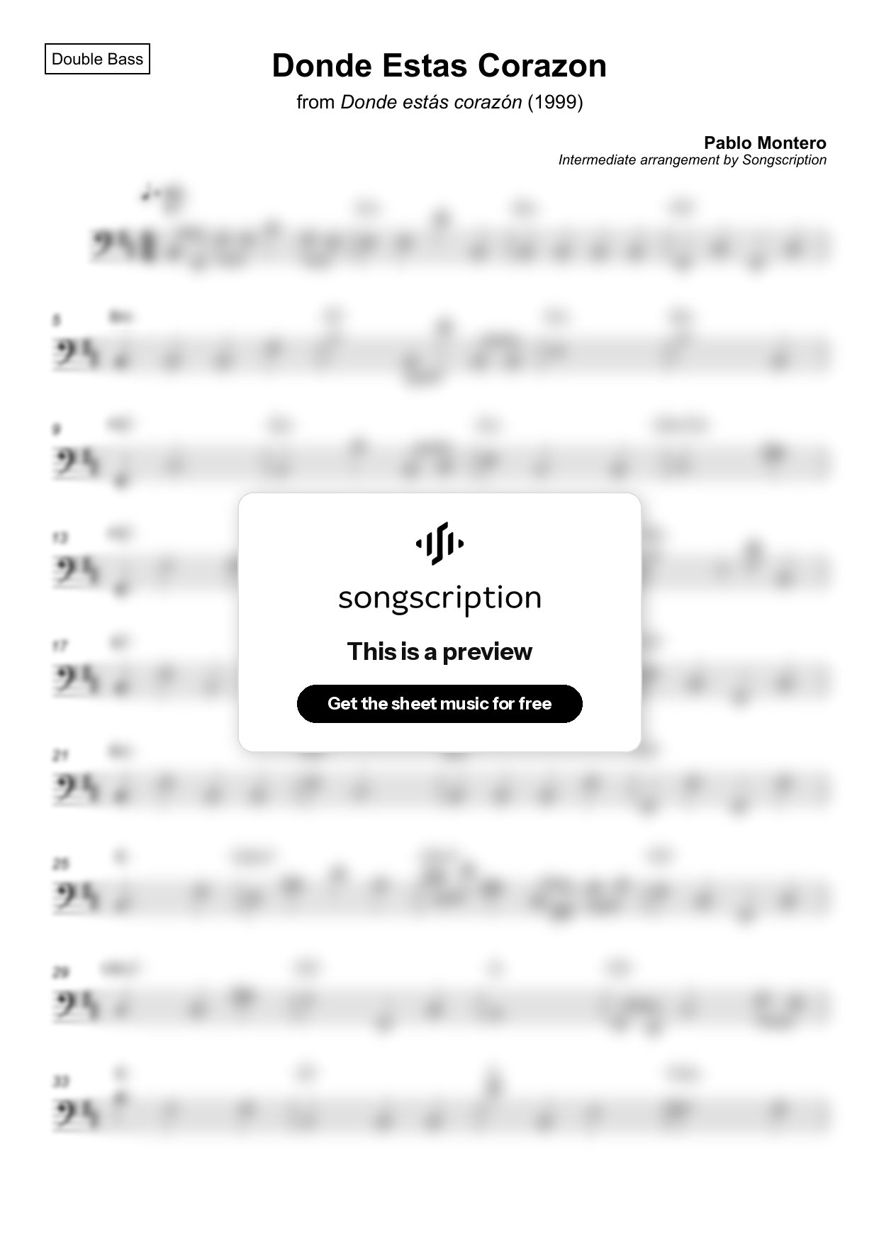 Intermediate Double Bass Sheet Music for "Donde Estas Corazon" by Pablo Montero