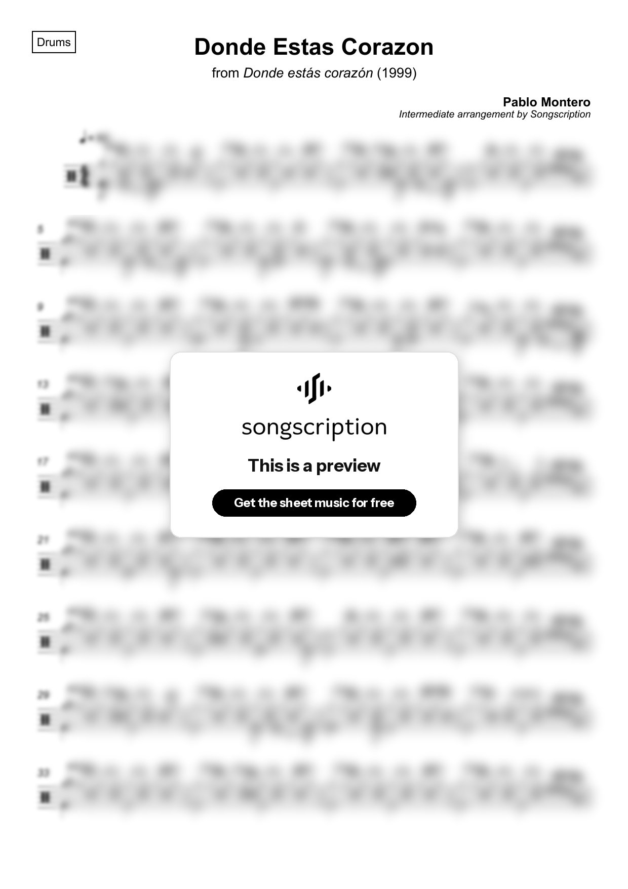 Intermediate Drums Sheet Music for "Donde Estas Corazon" by Pablo Montero
