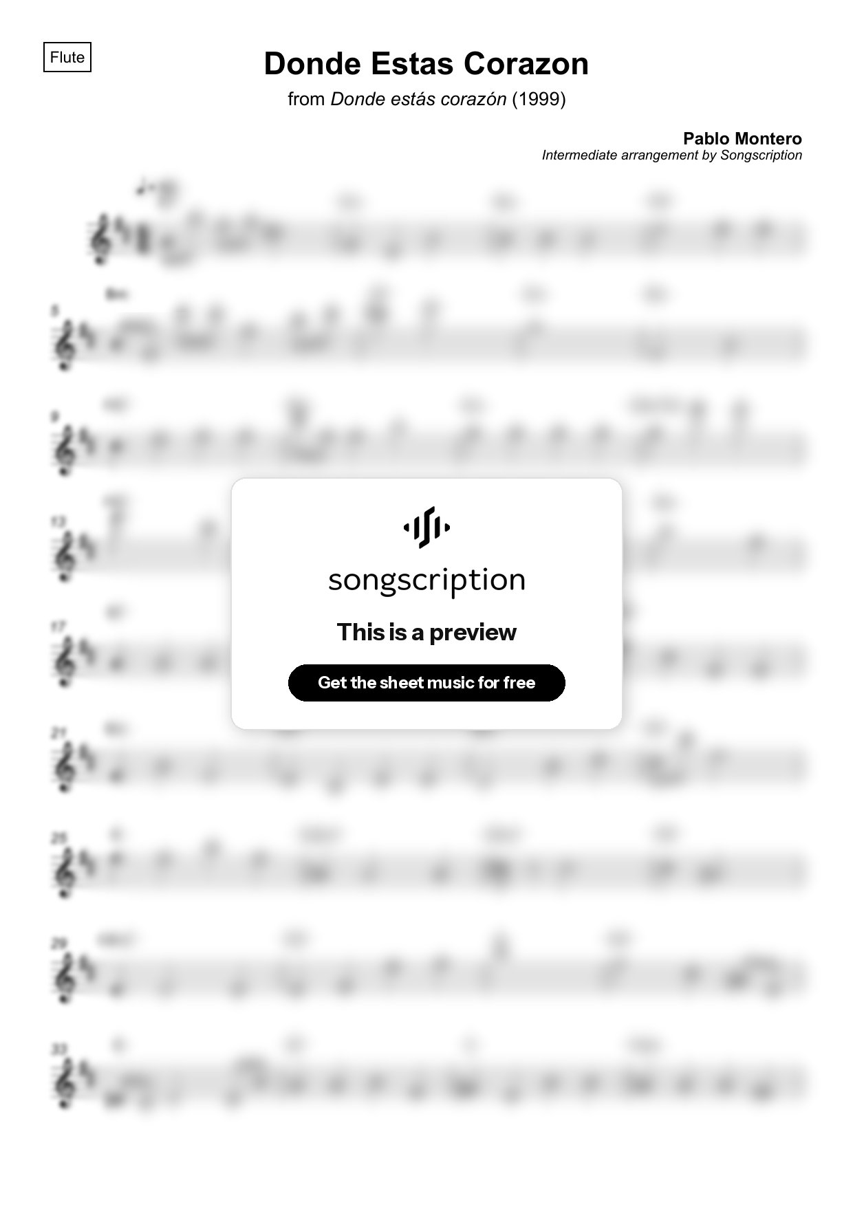 Intermediate Flute Sheet Music for "Donde Estas Corazon" by Pablo Montero