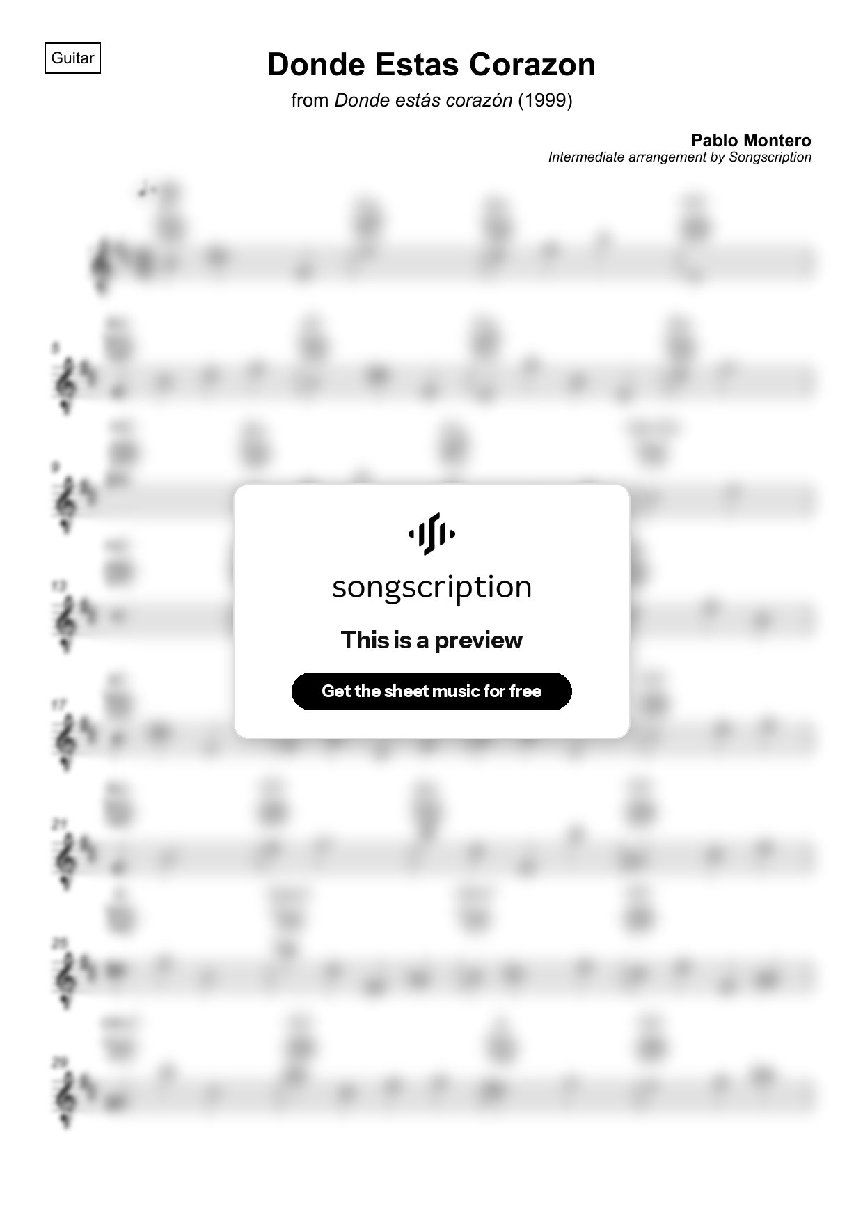 Intermediate Acoustic Guitar Sheet Music for "Donde Estas Corazon" by Pablo Montero