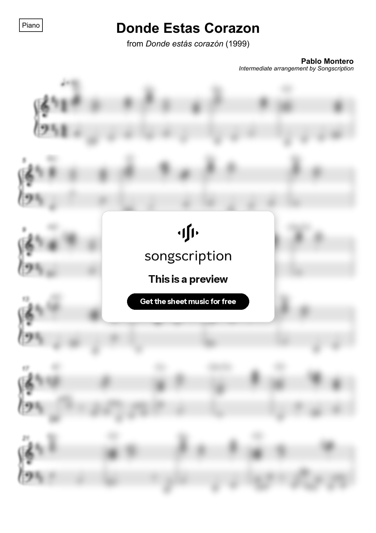 Intermediate Piano Sheet Music for "Donde Estas Corazon" by Pablo Montero