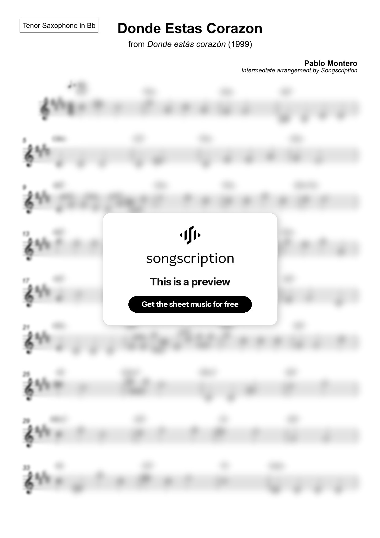 Intermediate Tenor Sax Sheet Music for "Donde Estas Corazon" by Pablo Montero