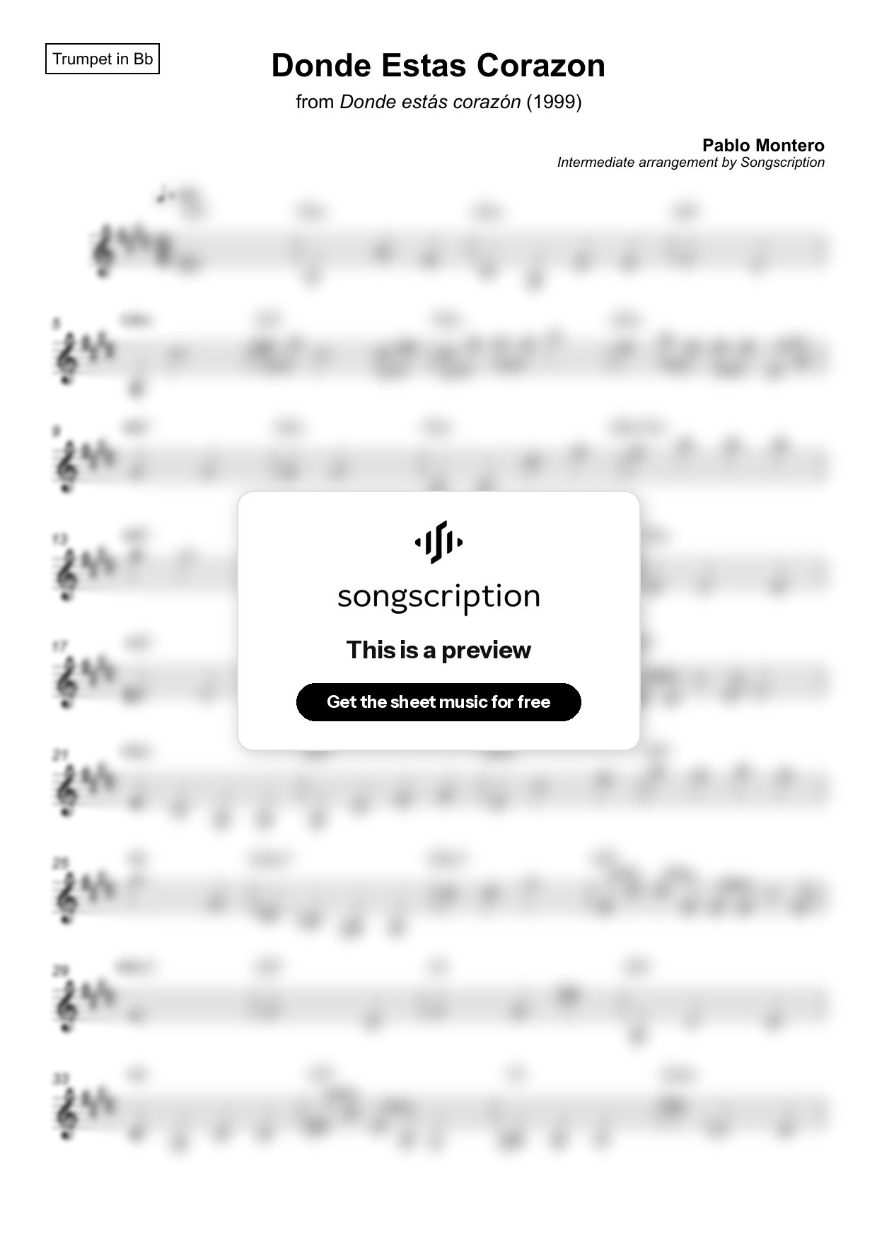 Intermediate Trumpet Sheet Music for "Donde Estas Corazon" by Pablo Montero