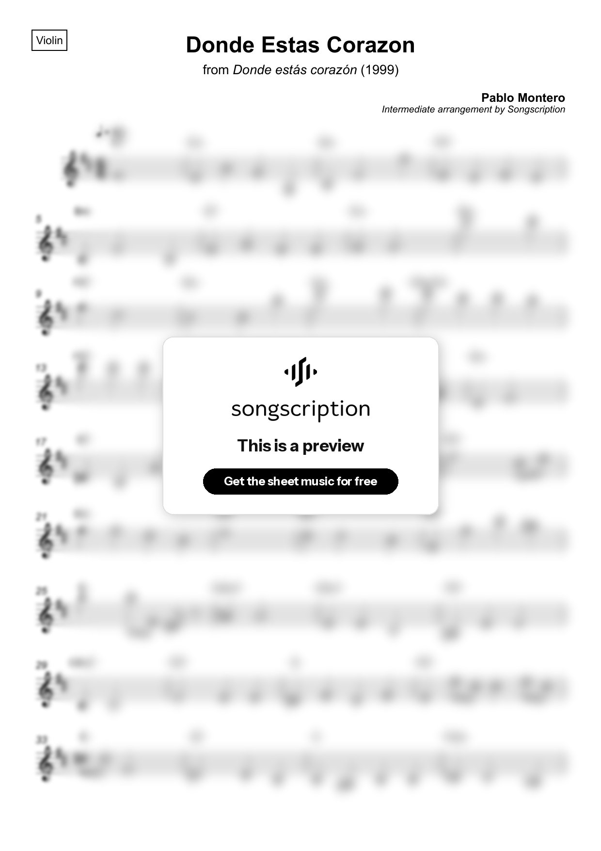 Intermediate Violin Sheet Music for "Donde Estas Corazon" by Pablo Montero