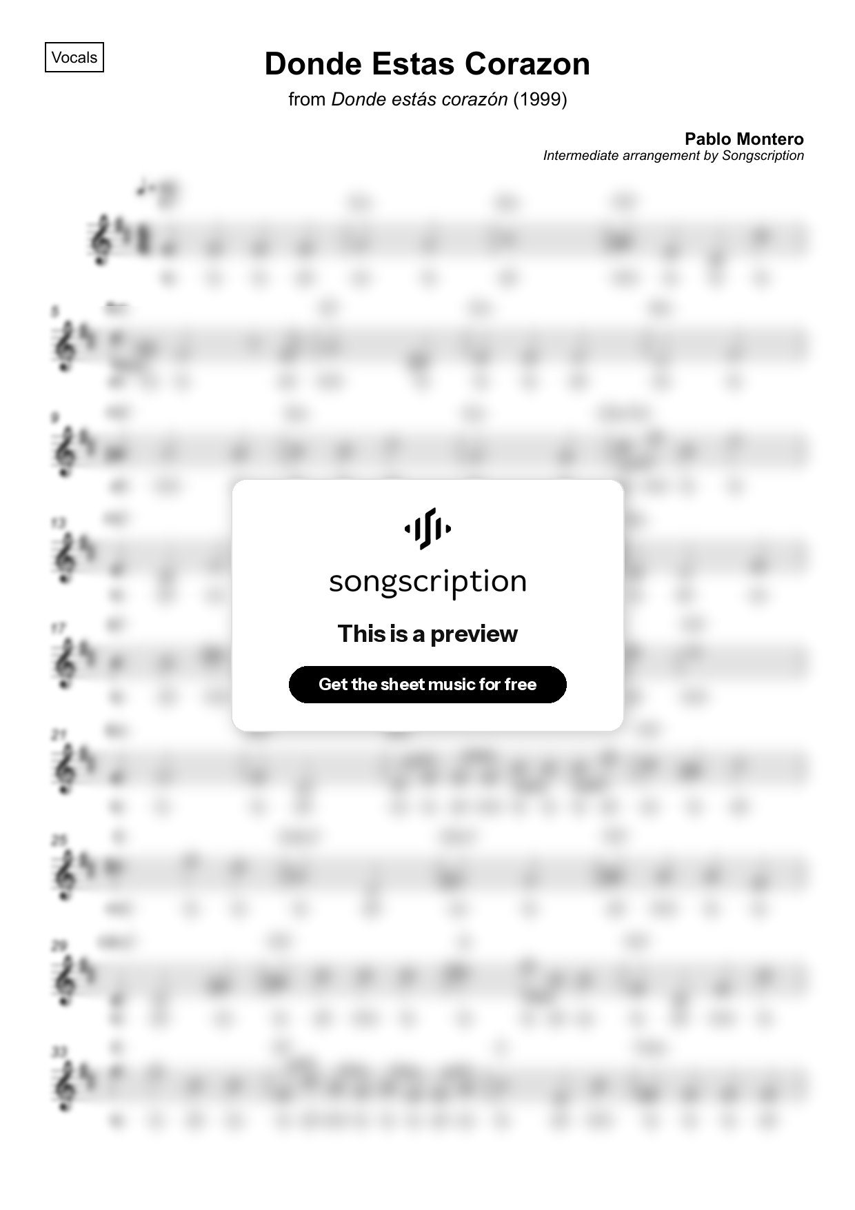 Intermediate Vocals Sheet Music for "Donde Estas Corazon" by Pablo Montero