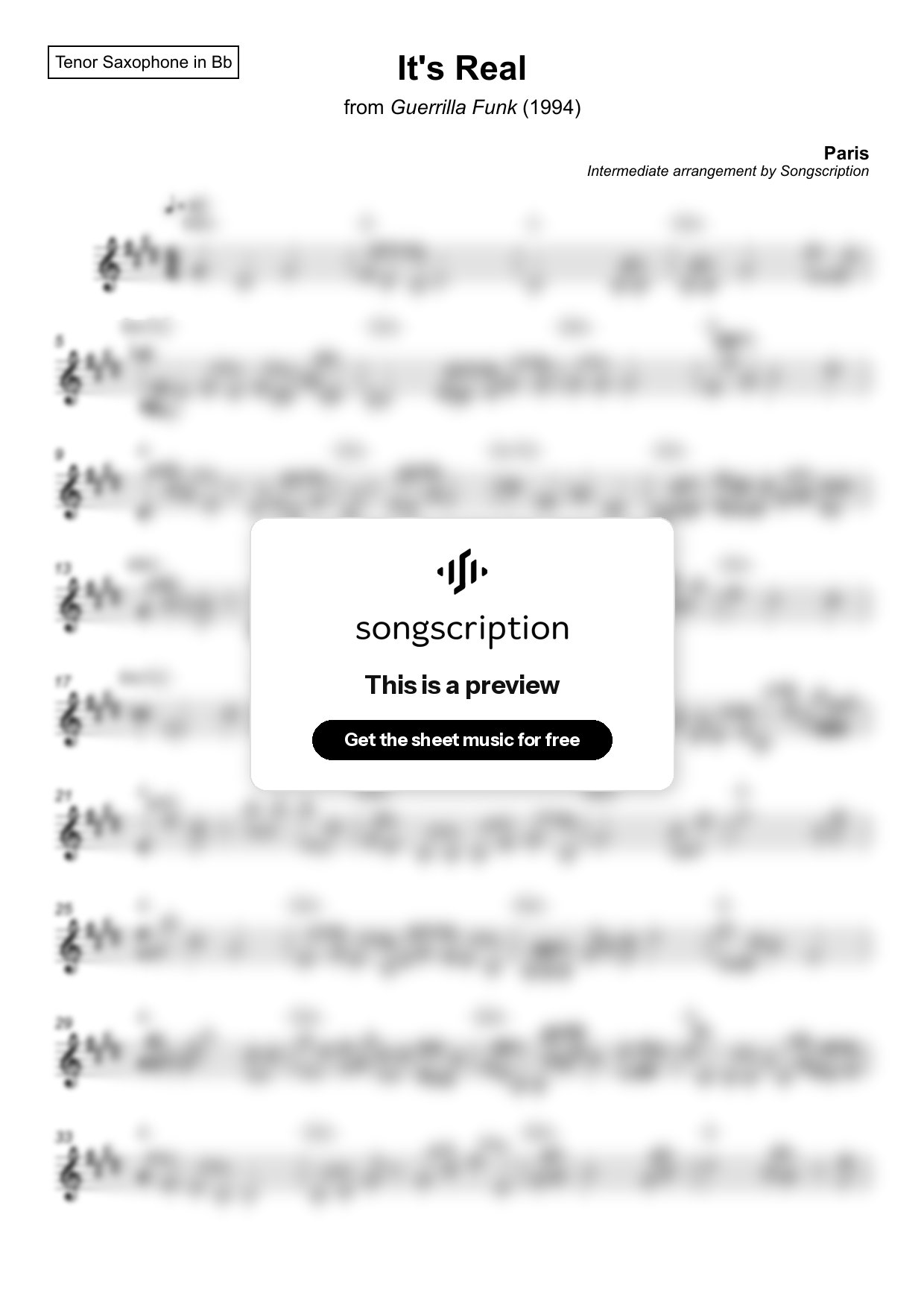 Intermediate Tenor Sax Sheet Music for "It's Real" by Paris
