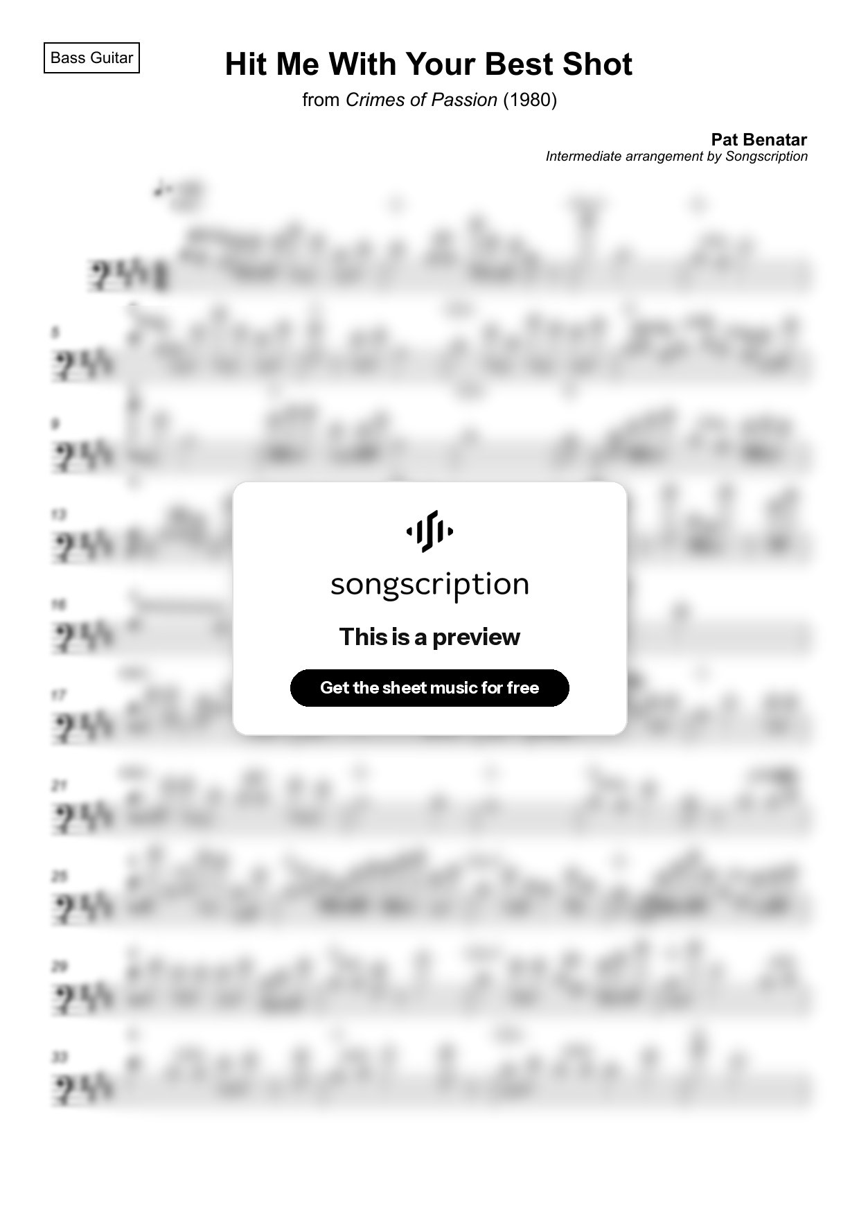 Intermediate Bass Guitar Sheet Music for "Hit Me With Your Best Shot" by Pat Benatar